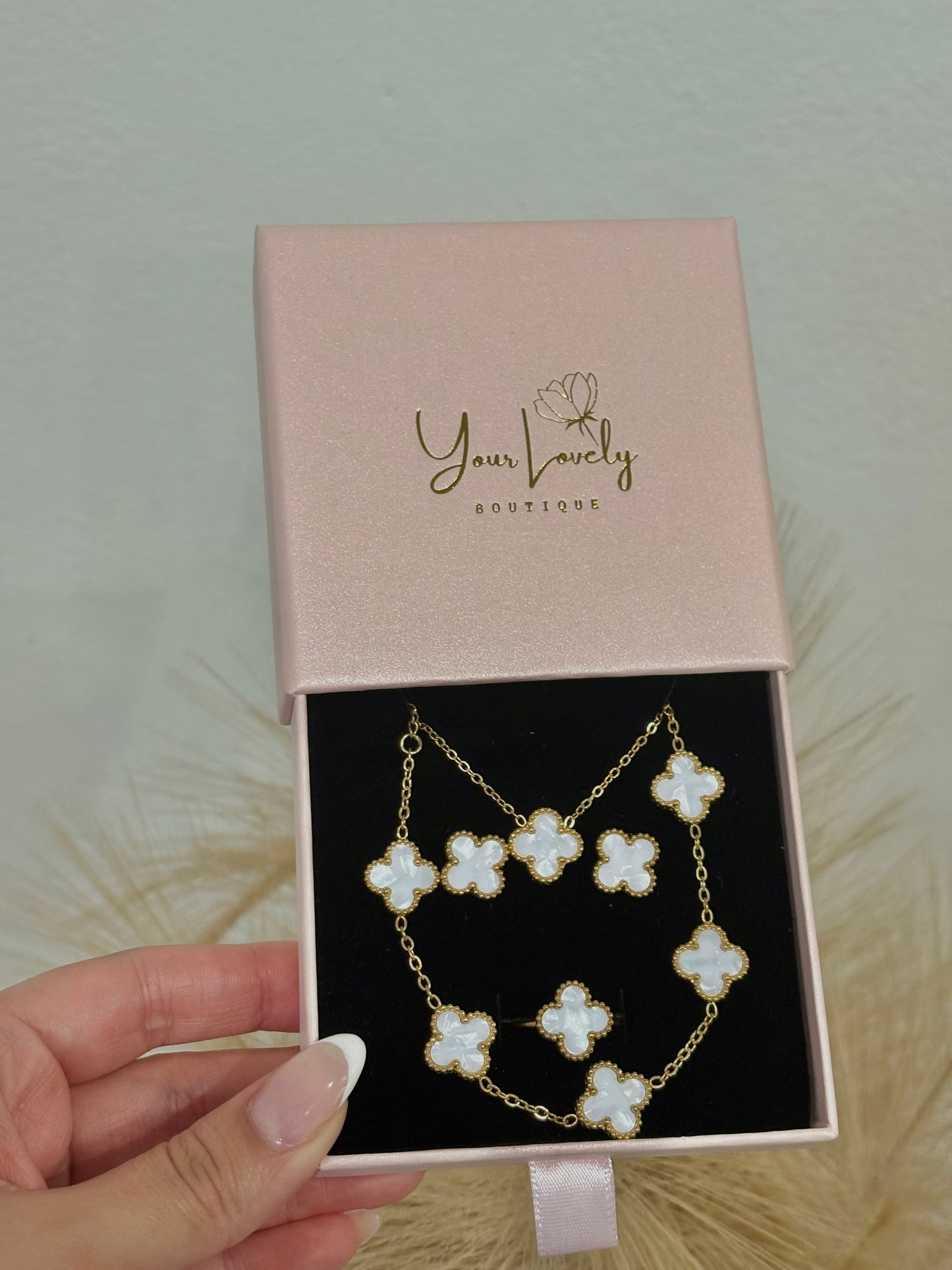 Mother Of Pearl White Clover Mini Stainless Steel Jewelry Set: Necklace, Earrings, Bracelet, Ring