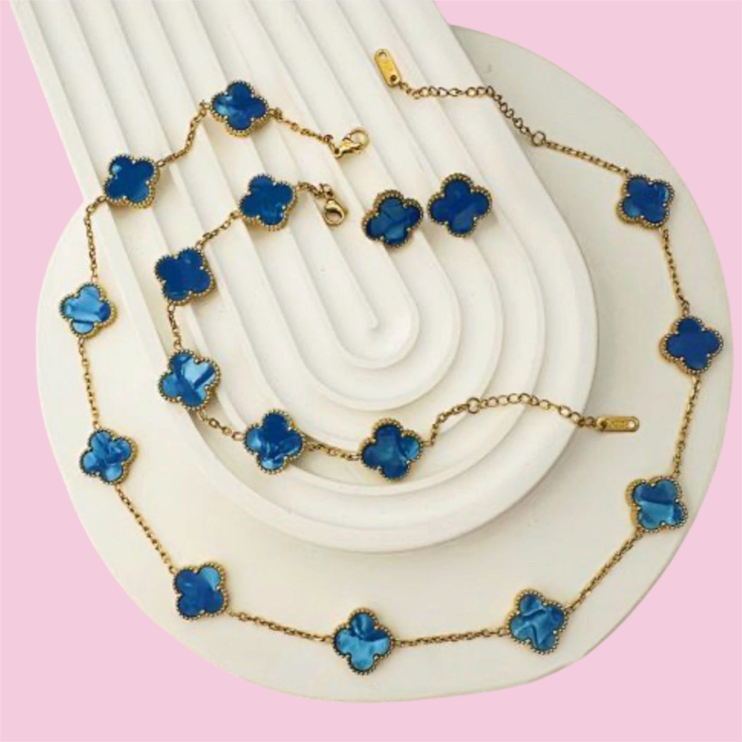Mother Of Pearl Baby Blue Clover Stainless Steel Jewelry Set: Necklace, Earrings, Bracelet