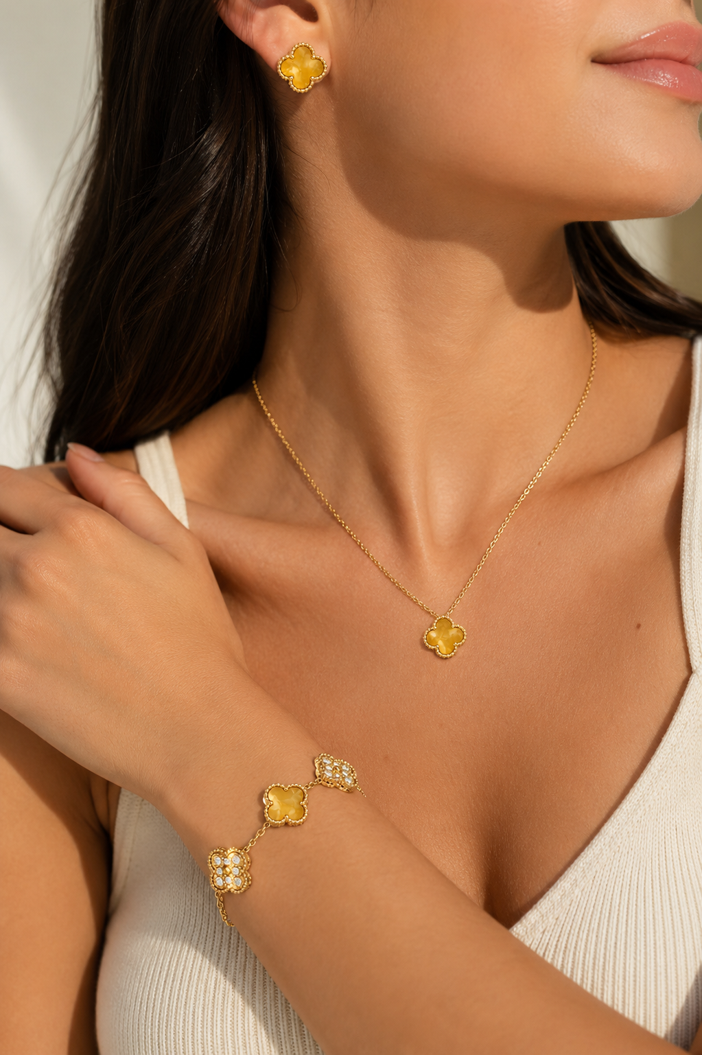 Honey Yellow & Gold Clover Stainless Steel Jewelry Set: Necklace, Earrings, Bracelet