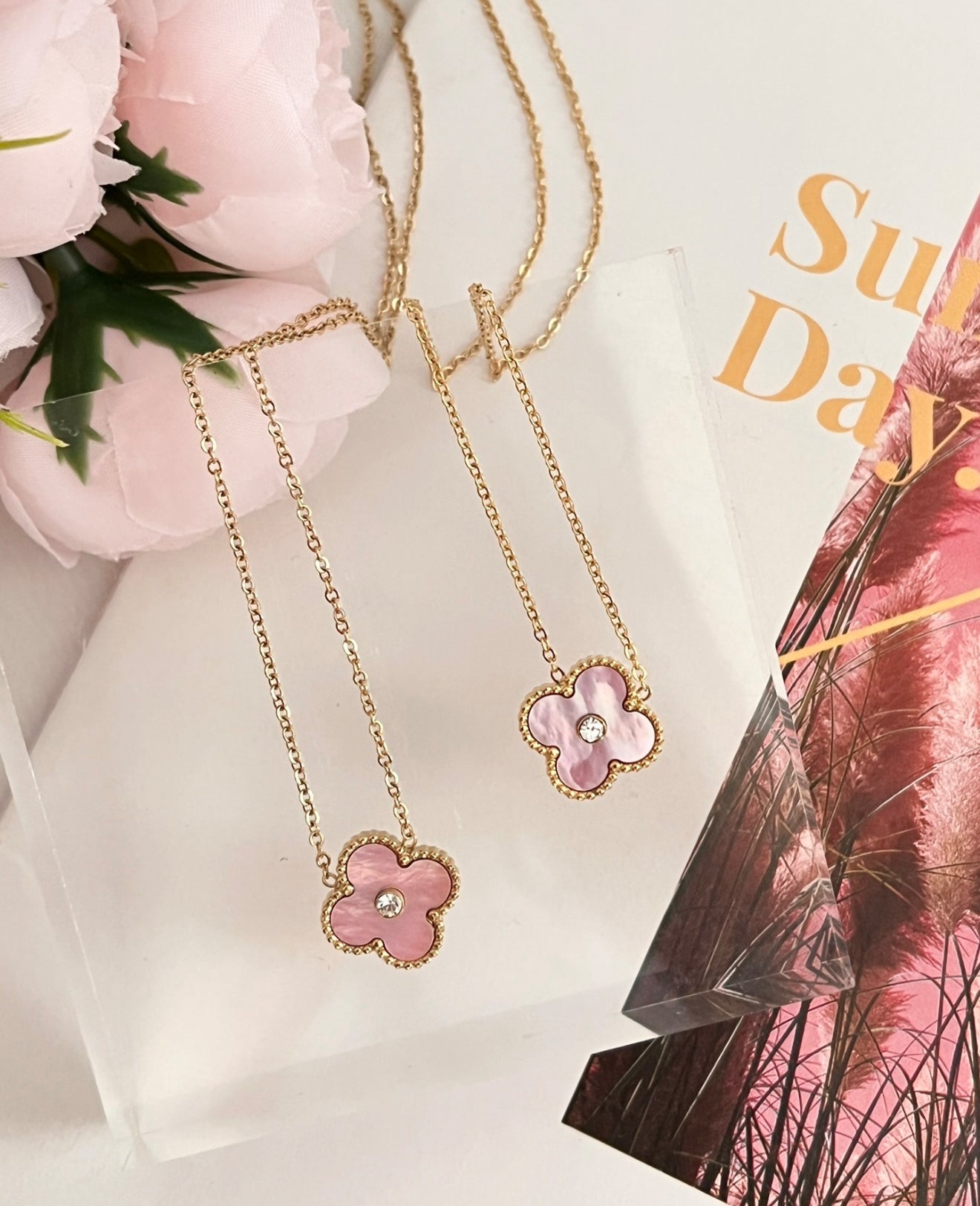 Pink Rhinestone Clover Stainless Steel Necklace and Earrings