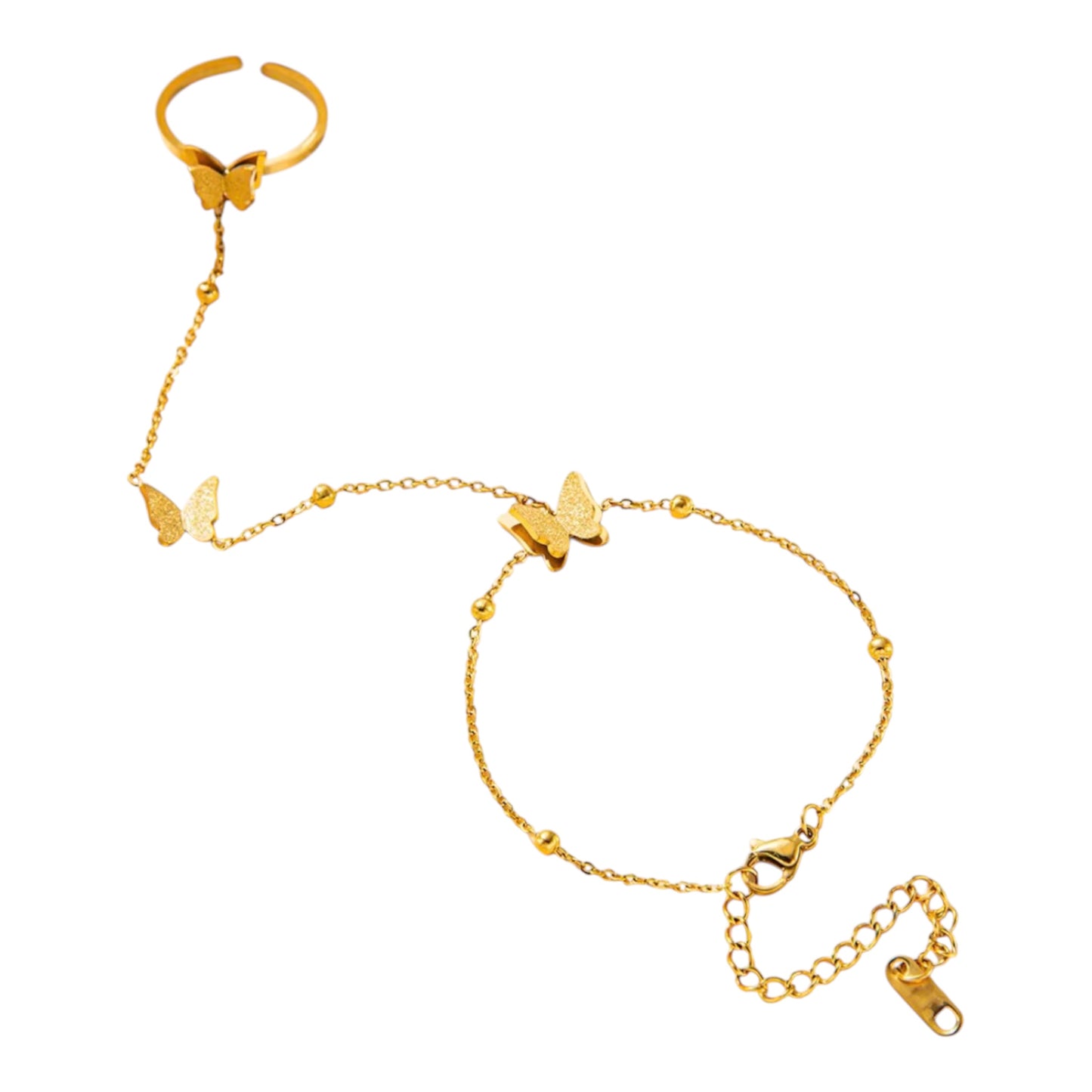 Gold Butterfly Stainless Steel Hand Chain Bracelet with Adjustable Ring