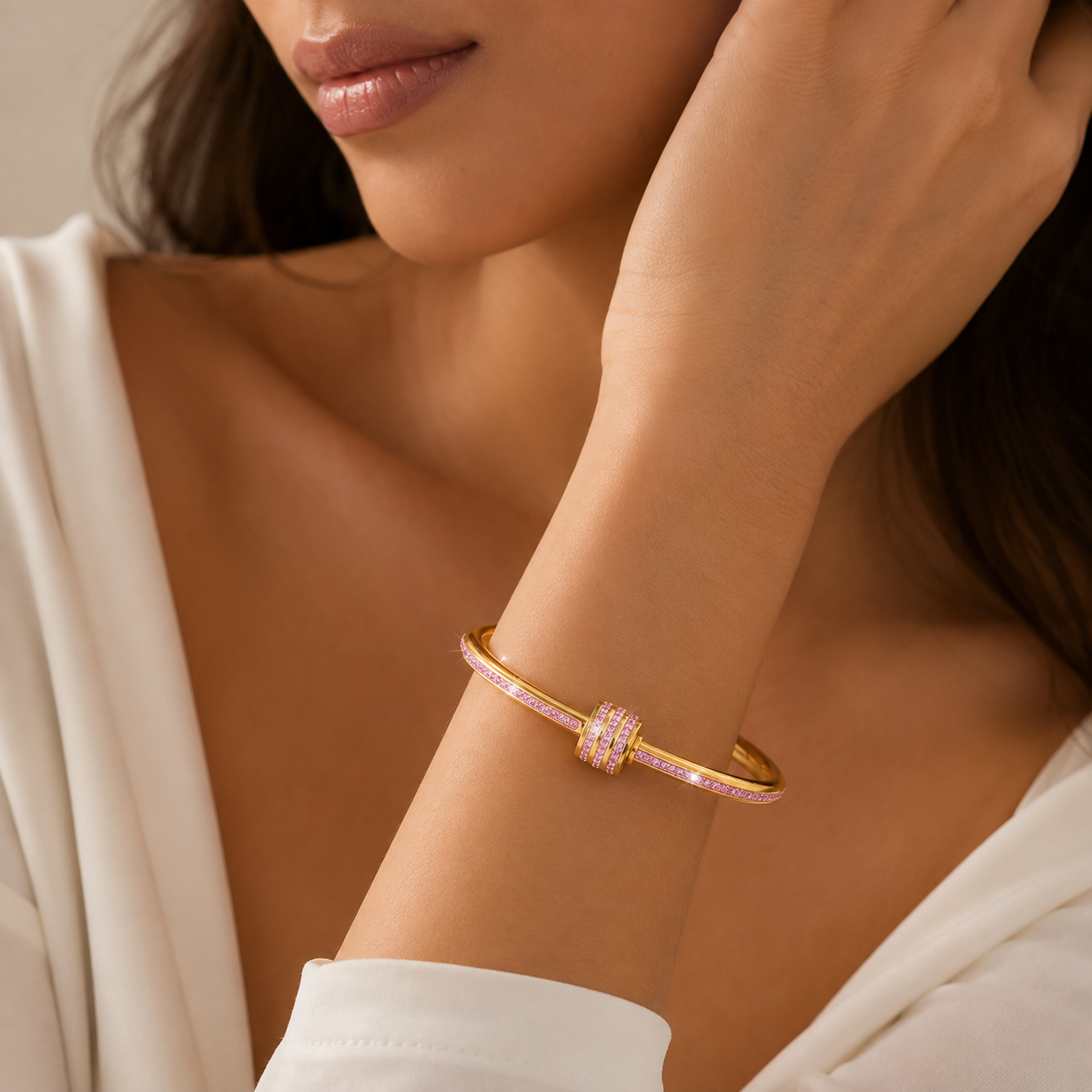 Blush Pink Twist Zirconia Stainless Steel Bangle
