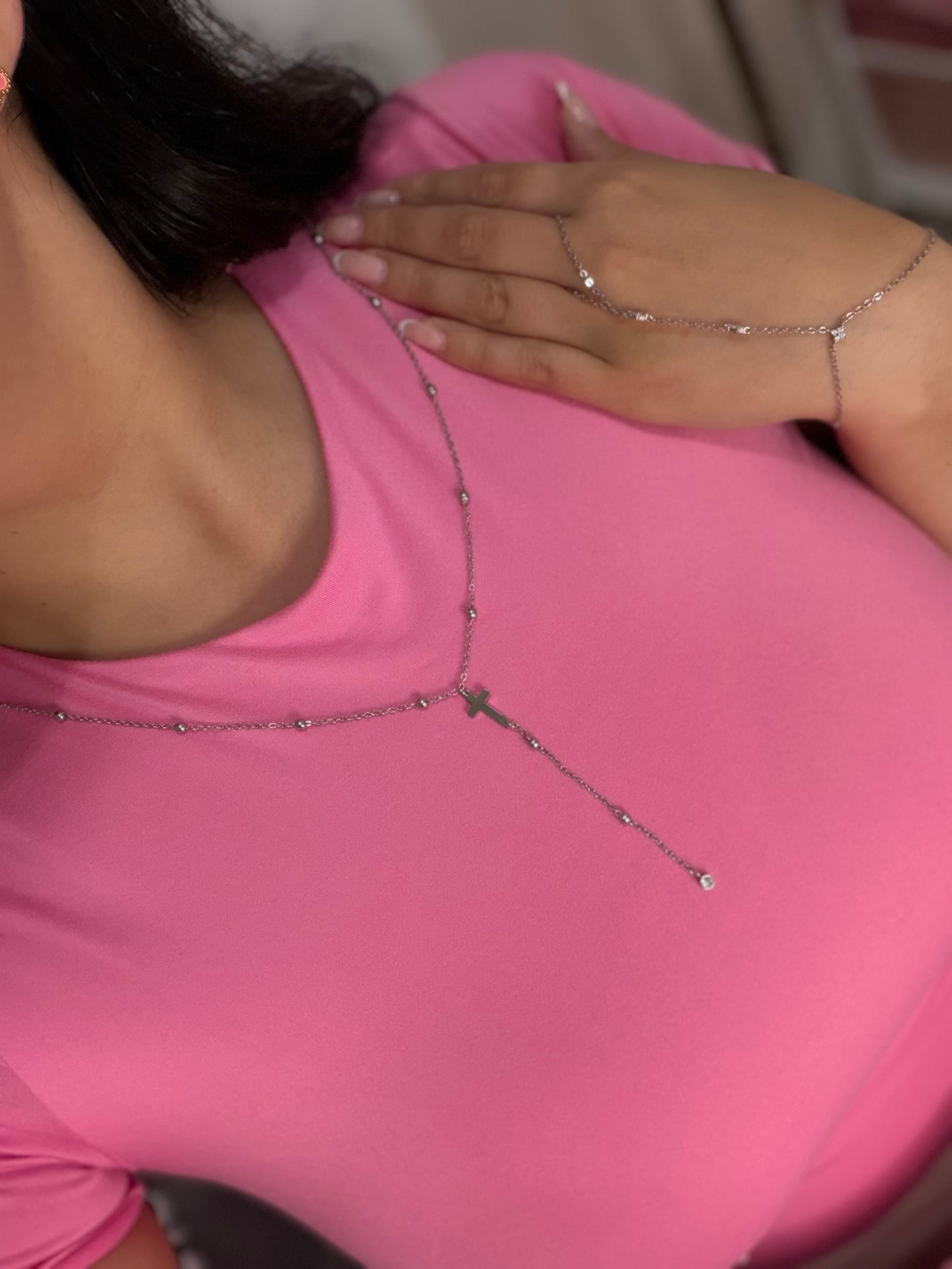 Dainty Rosary Necklace with Crystal Drop Stainless Steel: Gold, Silver