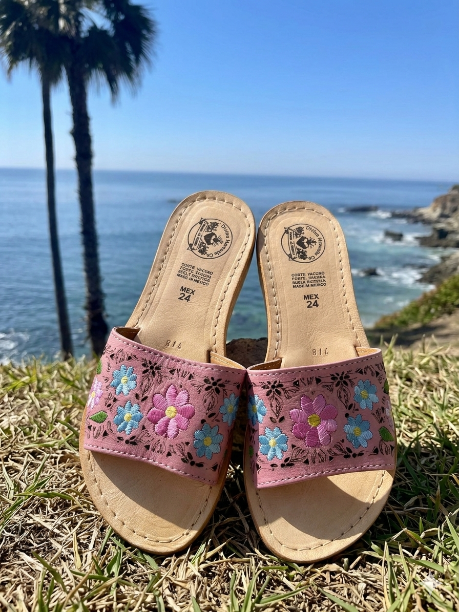 Primavera Hand Embroidered Pink Leather Floral Huaraches