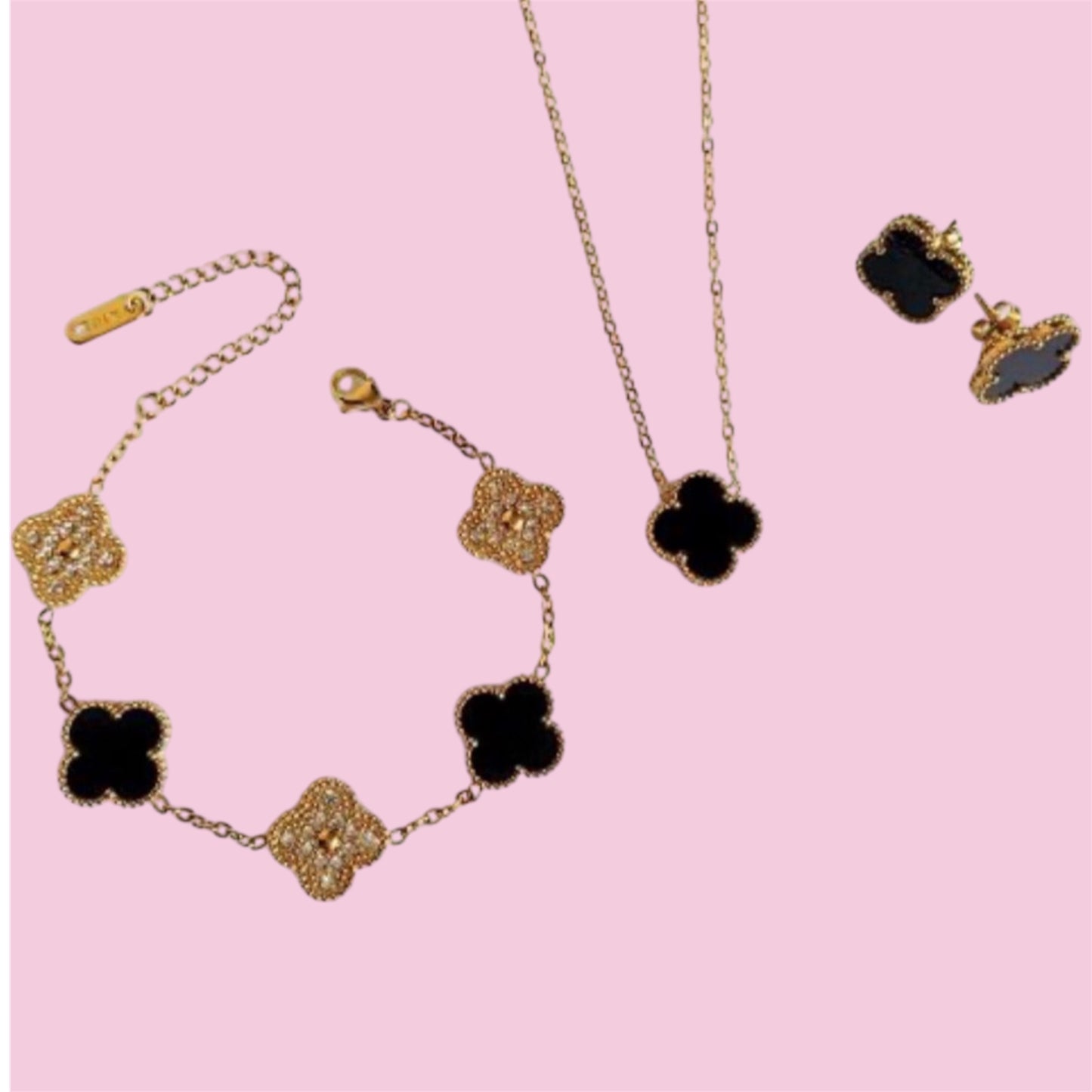 Black and Gold Clover Stainless Steel Jewelry Set: Necklace, Earrings, Bracelet