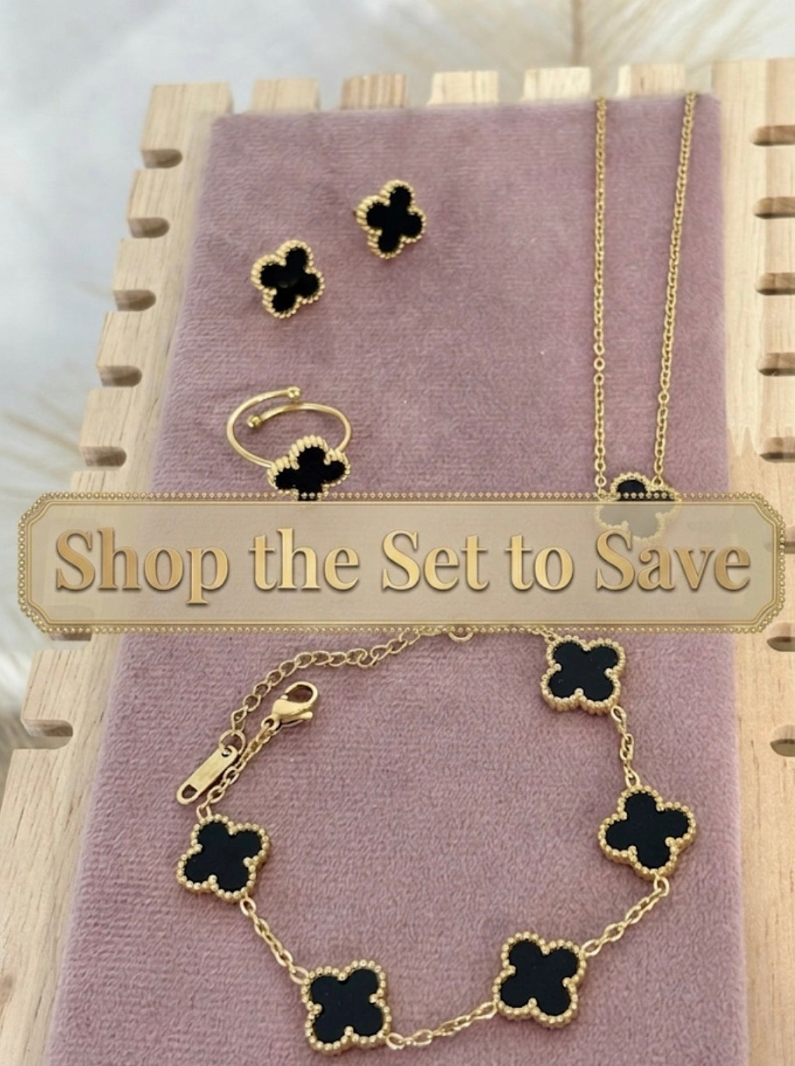 Classic Black Clover Mini Stainless Steel Jewelry Set: Necklace, Earrings, Bracelet, Ring