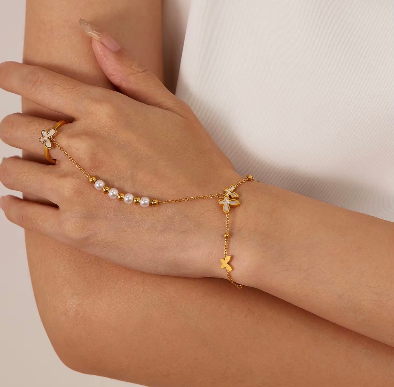 Gold Butterfly Pearl Stainless Steel Hand Chain Bracelet with Adjustable Ring
