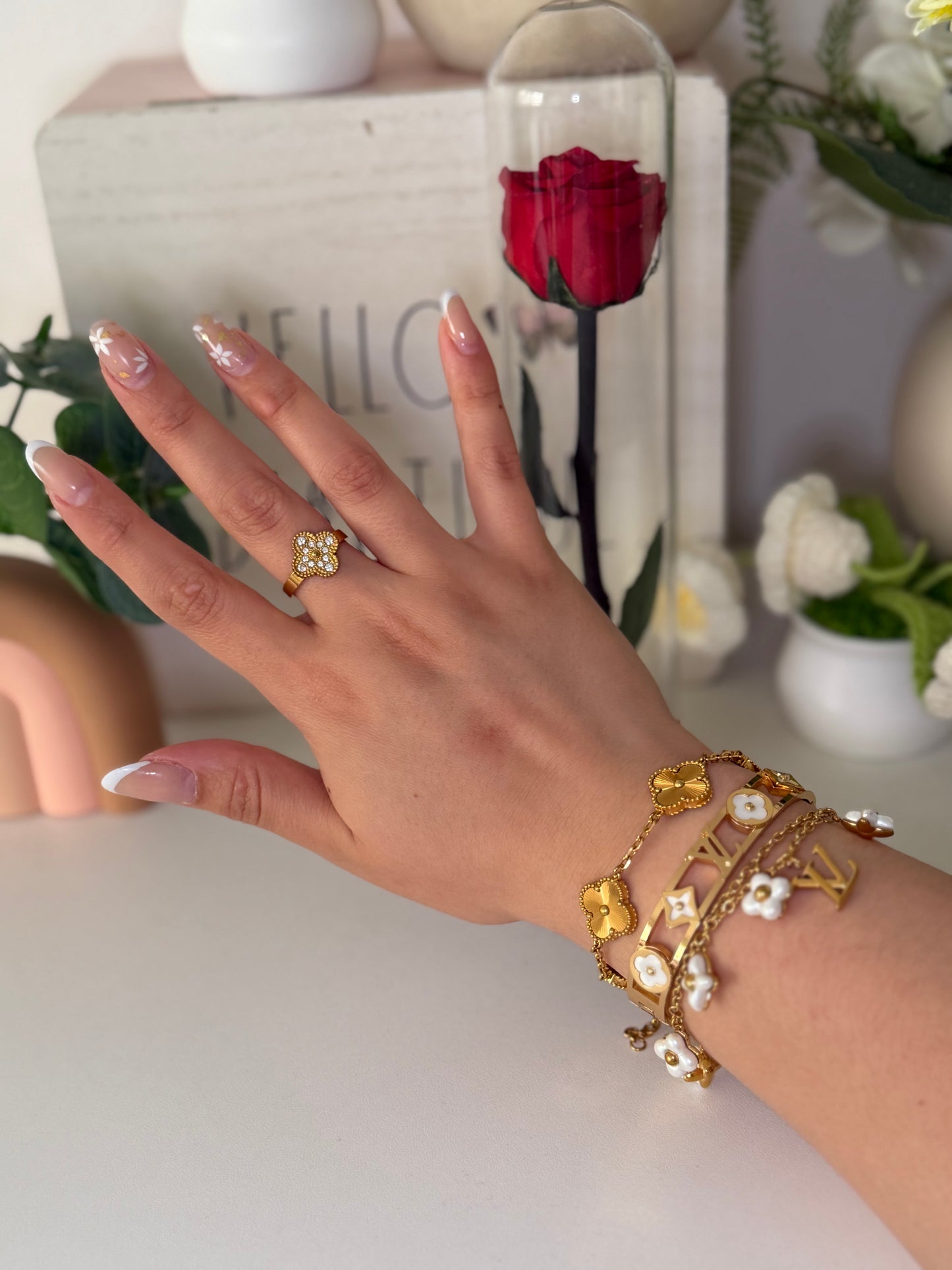 Luxe White Clover Charm Bracelet and Necklace Set Stainless Steel