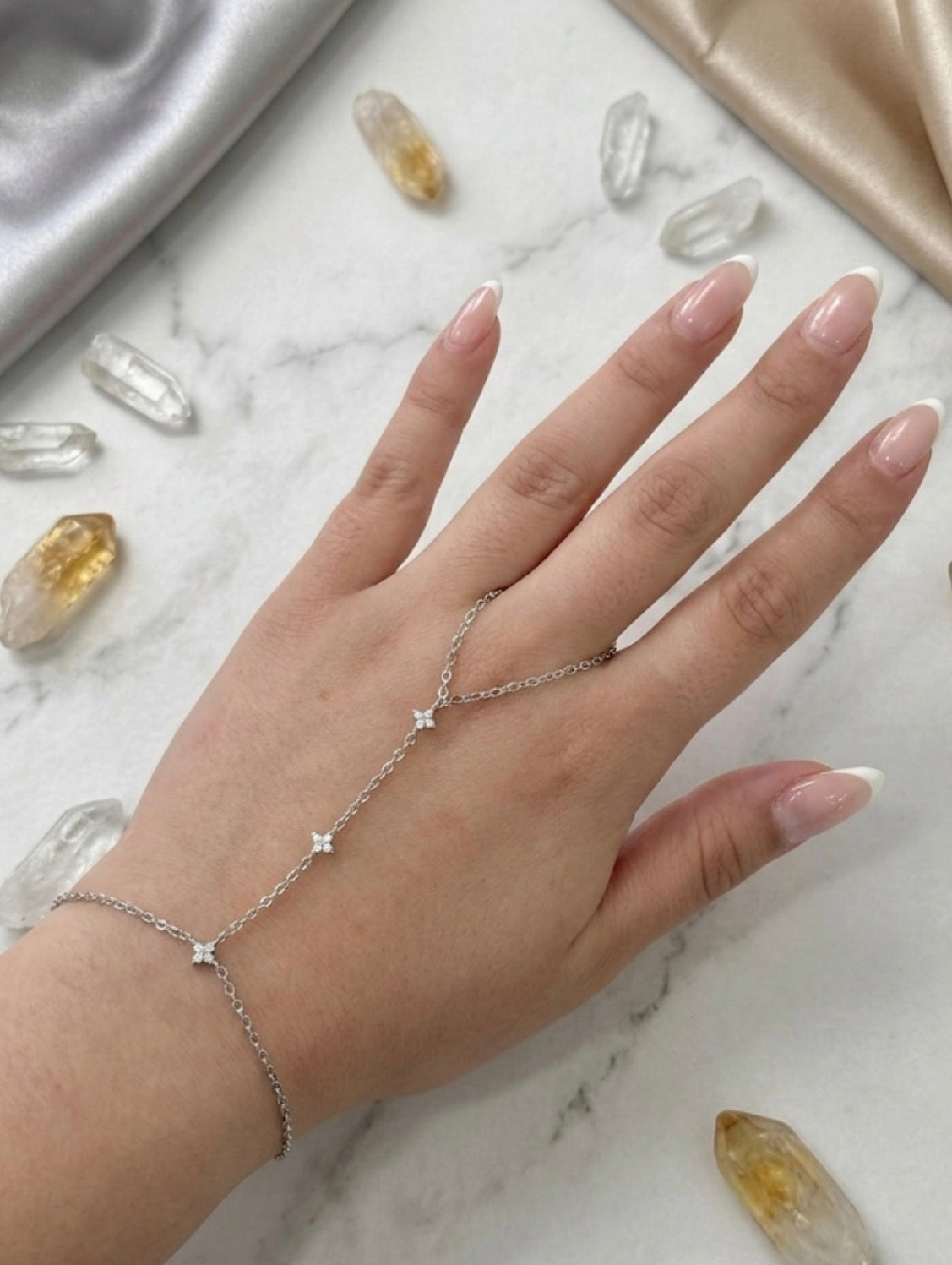 Dainty Rhinestone Clover Stainless Steel Hand Chain Bracelet
