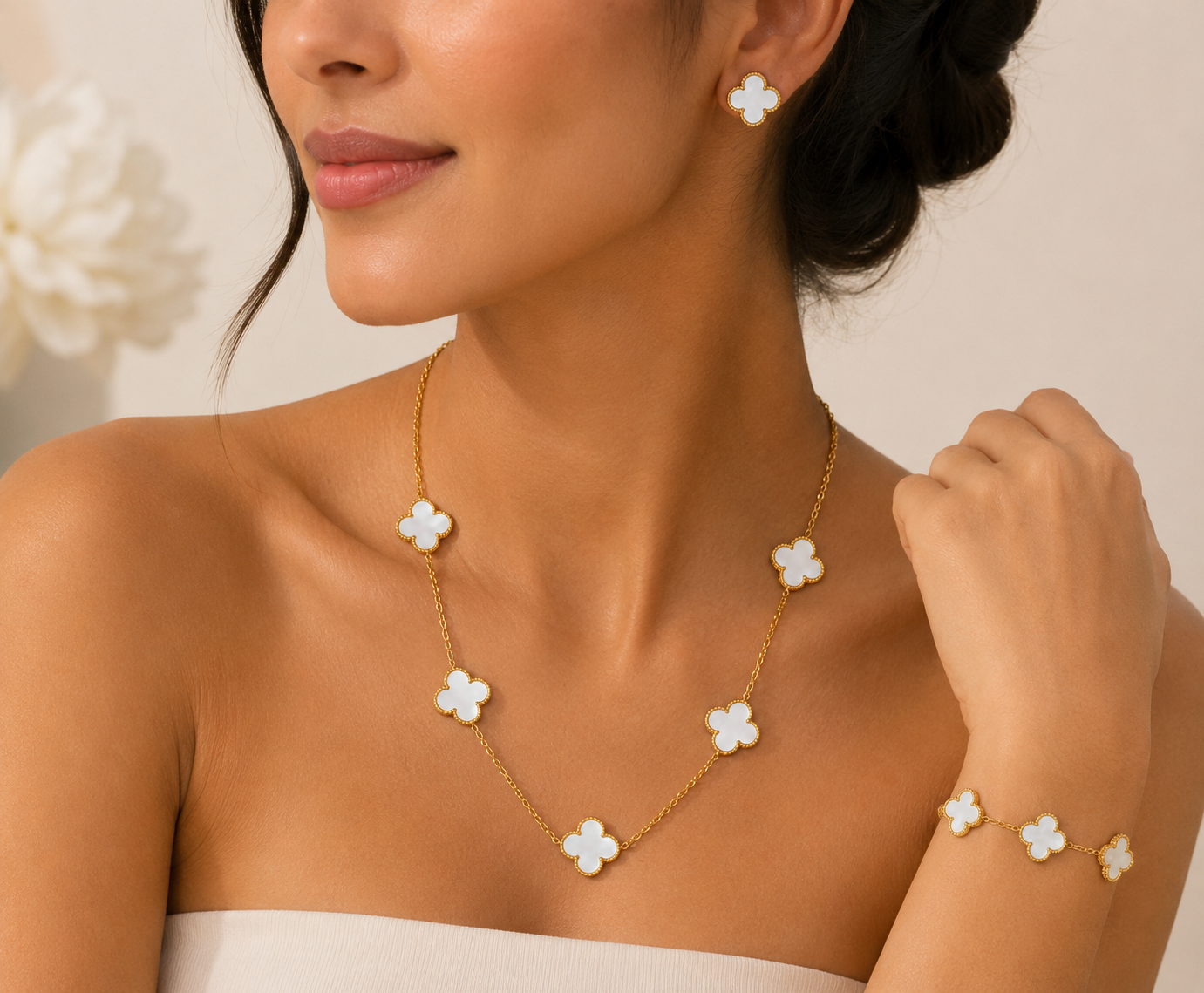 Classic White and Gold Clover Jewelry Set: 5 Necklace, Earrings, and Bracelet