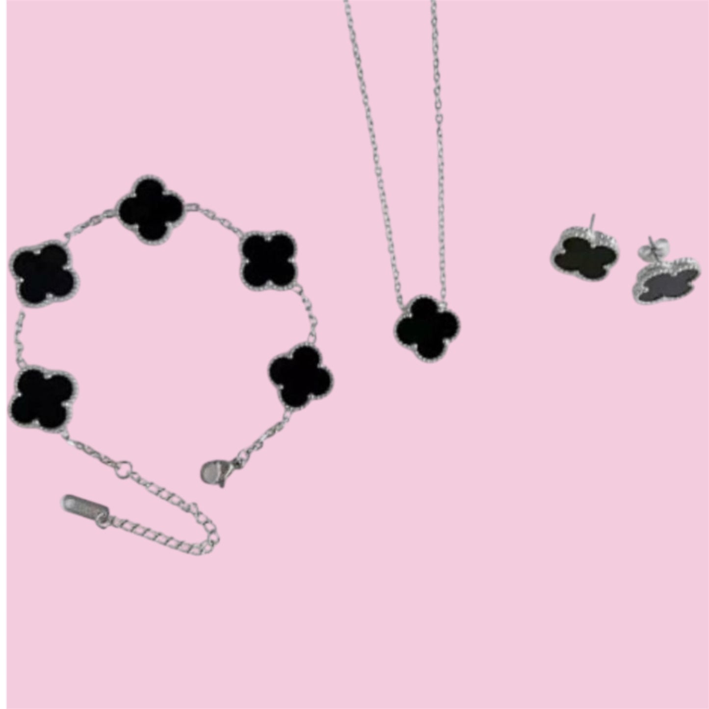 Silver Black Clover Stainless Steel Jewelry Set: Necklace, Earrings, Bracelet