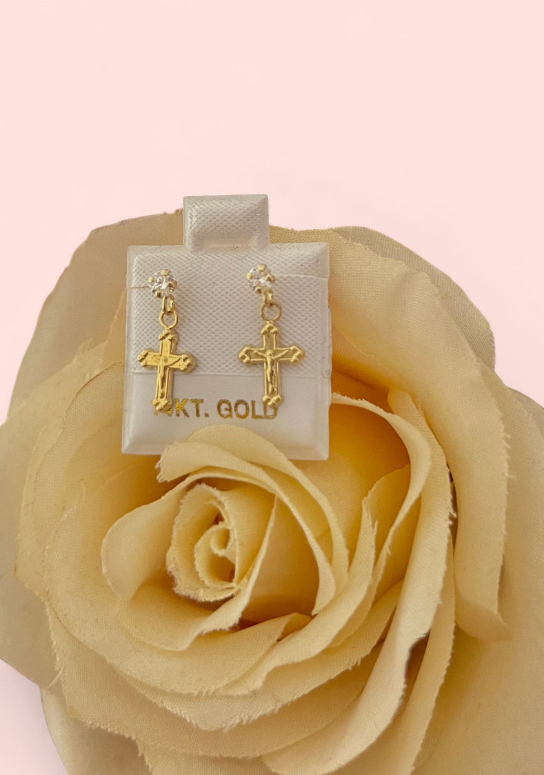 14k Gold Cross Rhinestone Earrings
