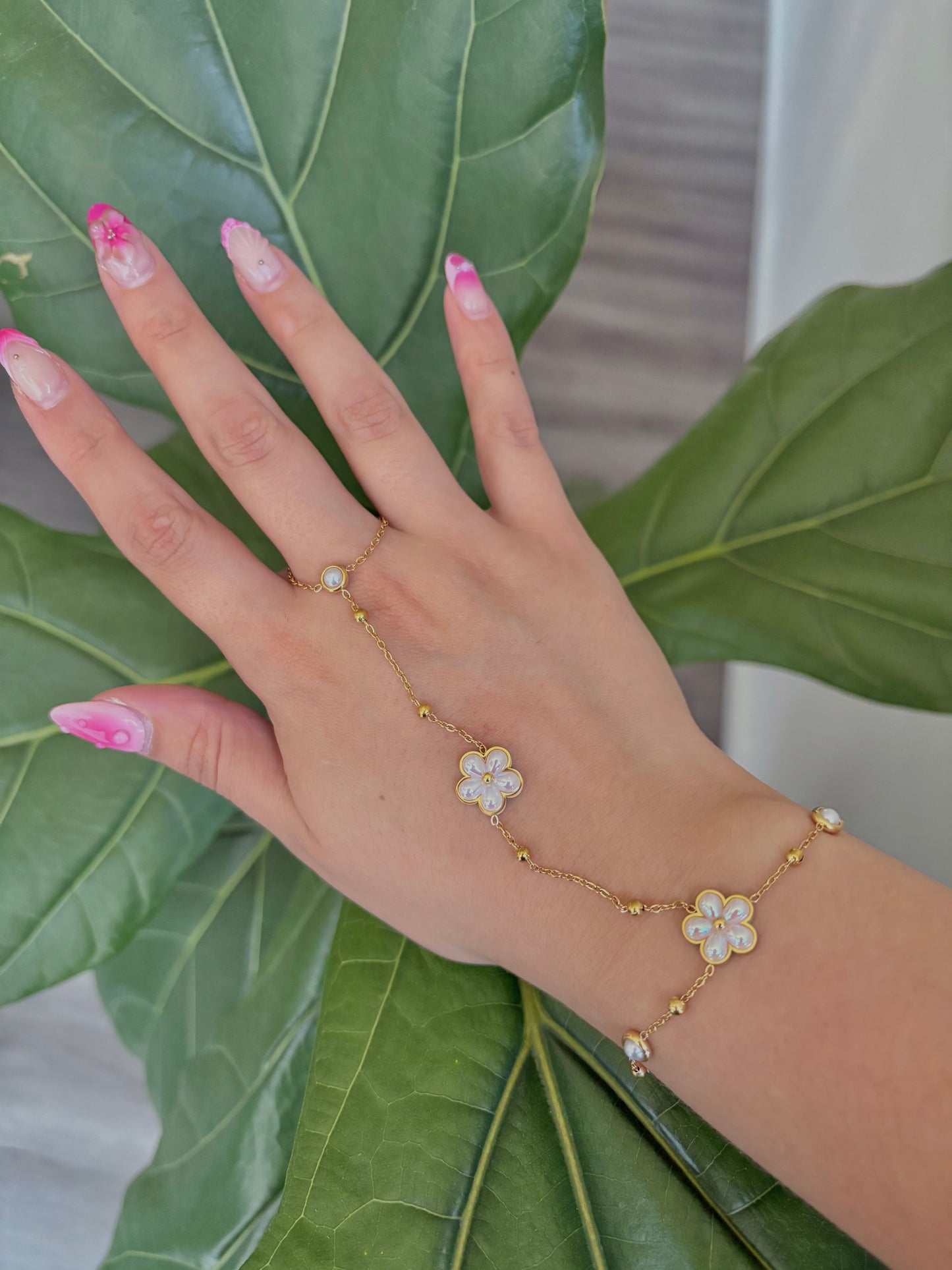 Gold Blossom Floral Pearl Stainless Steel Hand Chain Bracelet