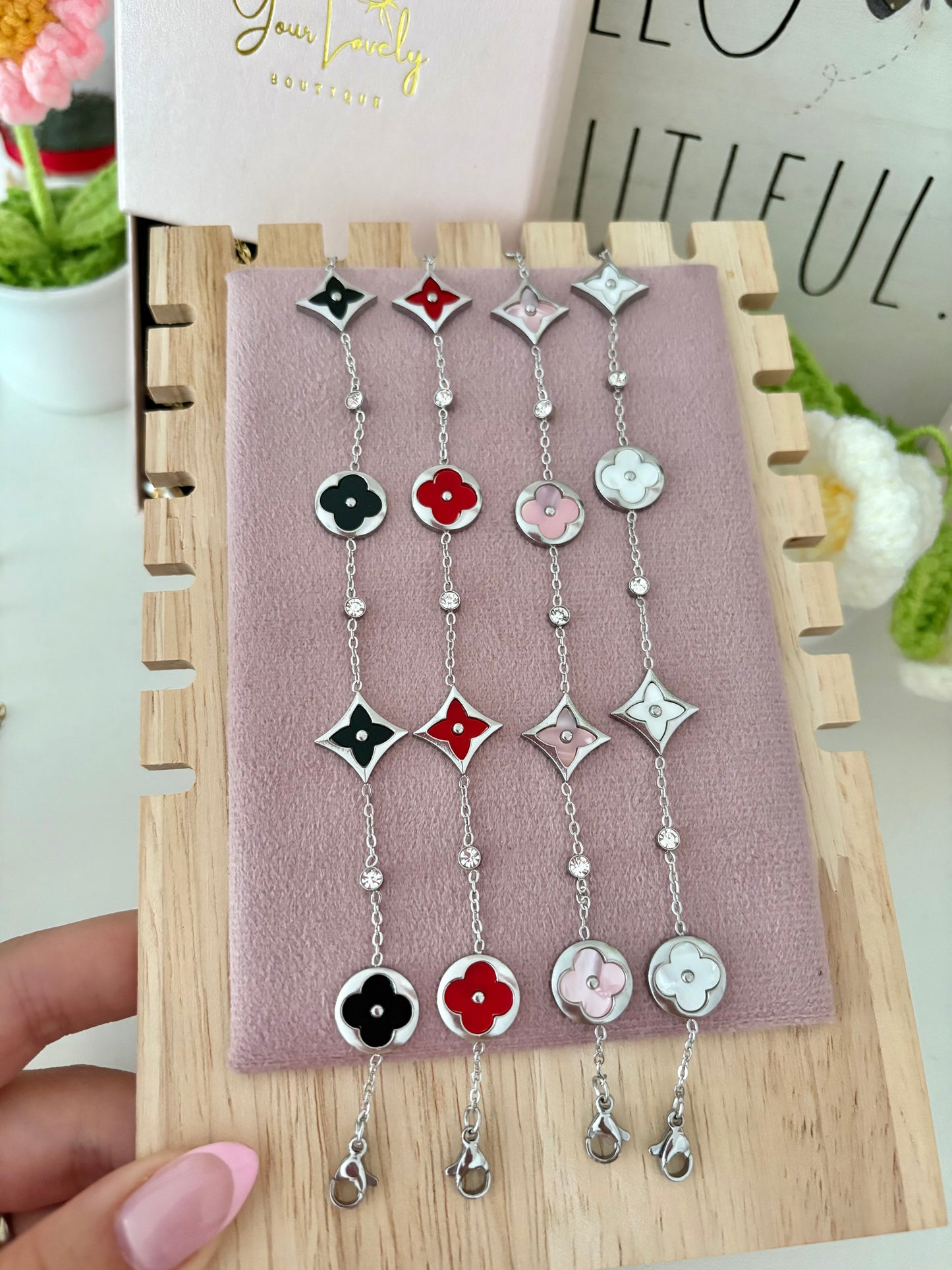 Luxe Silver Multicolor Clover Zirconia Stainless Steel Bracelet