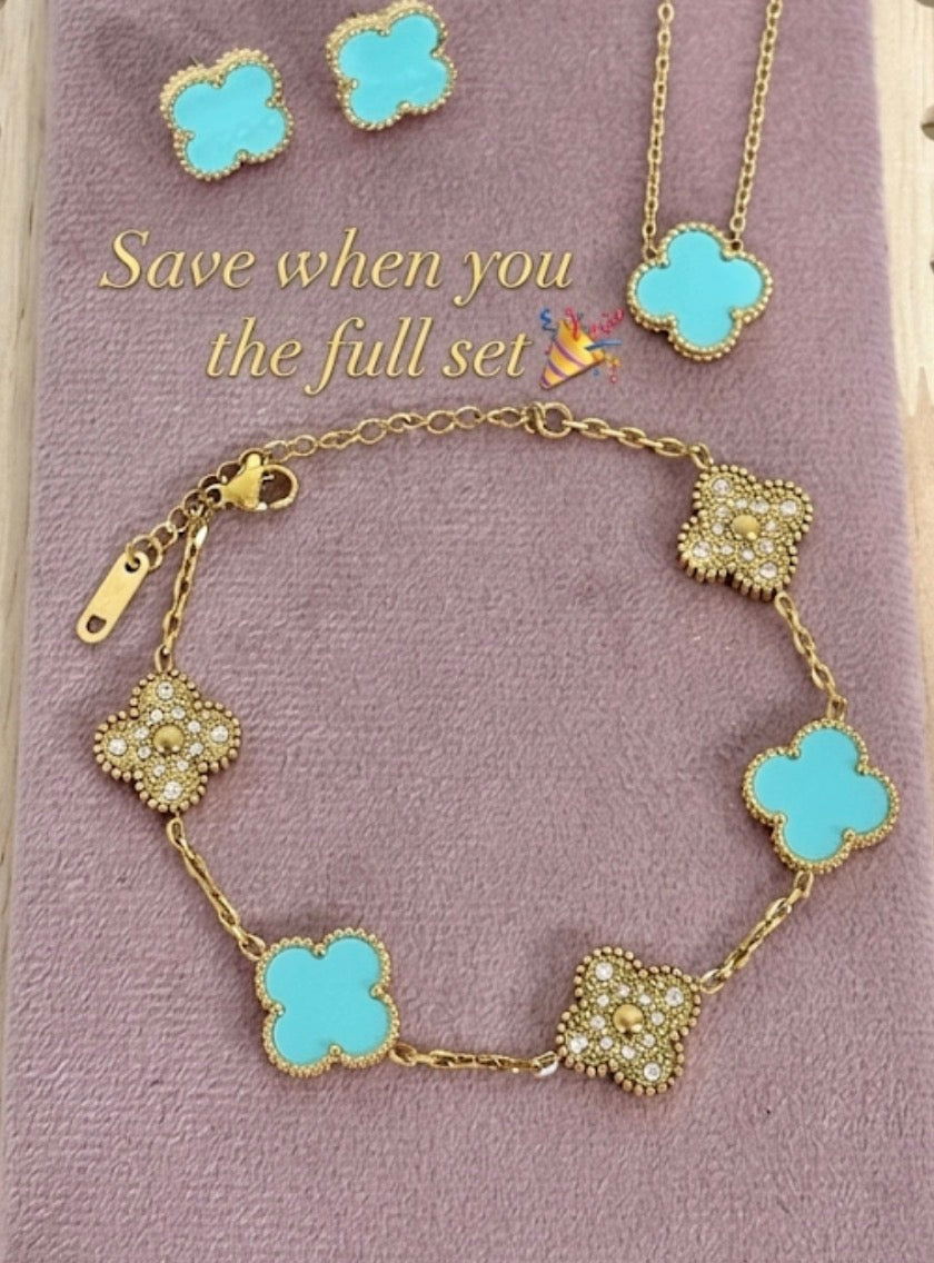 Tiffany Blue and Gold Clover Stainless Steel Jewelry Set: Necklace, Earrings, Bracelet