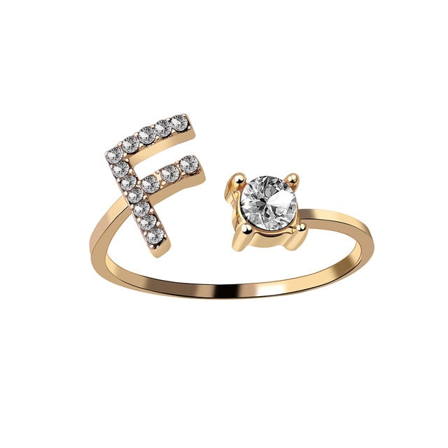 Rhinestones Letter Gold Plated Adjustable Ring