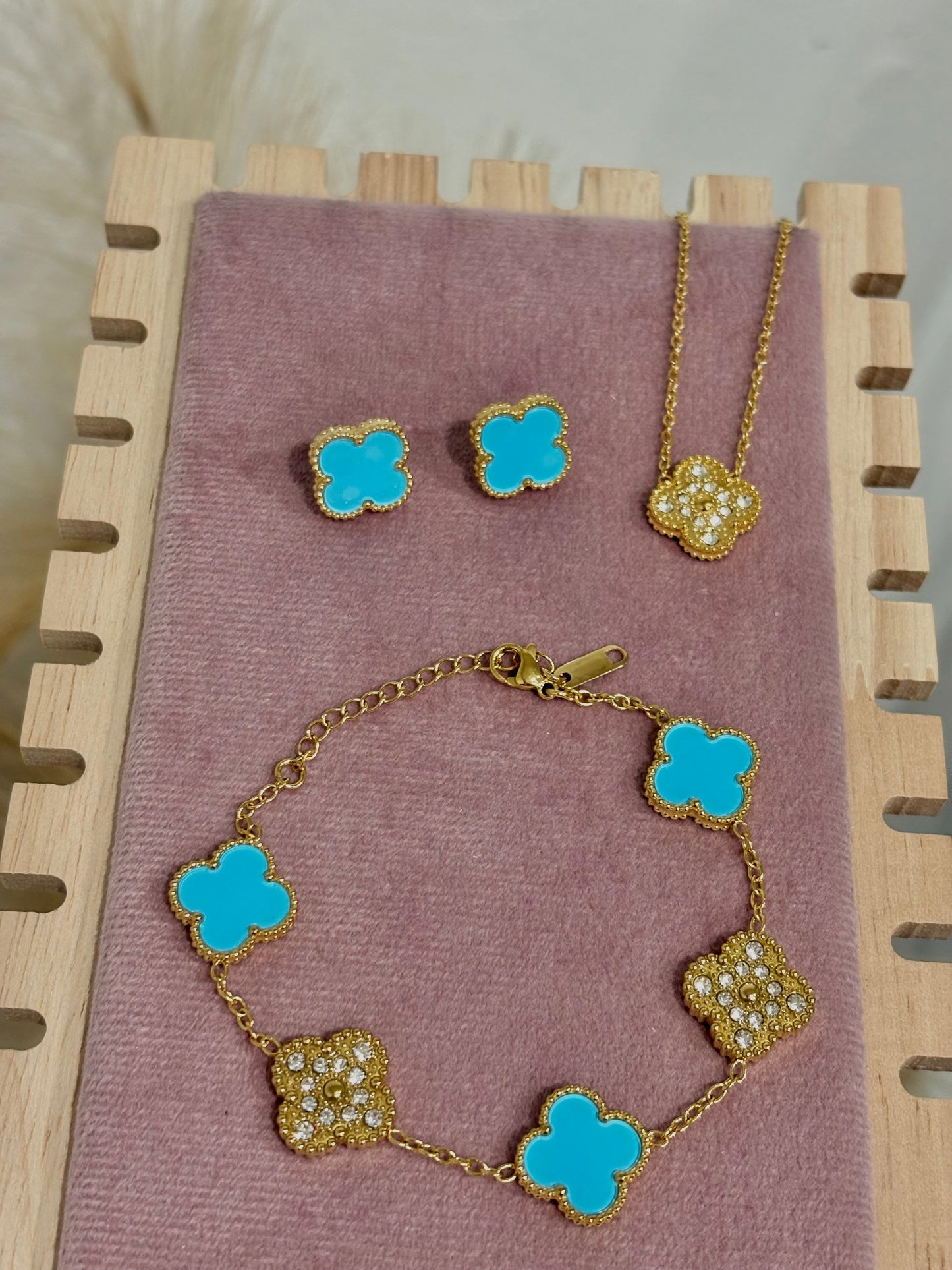 Baby Blue & Gold Clover Stainless Steel Jewelry Set: Necklace, Earrings, Bracelet
