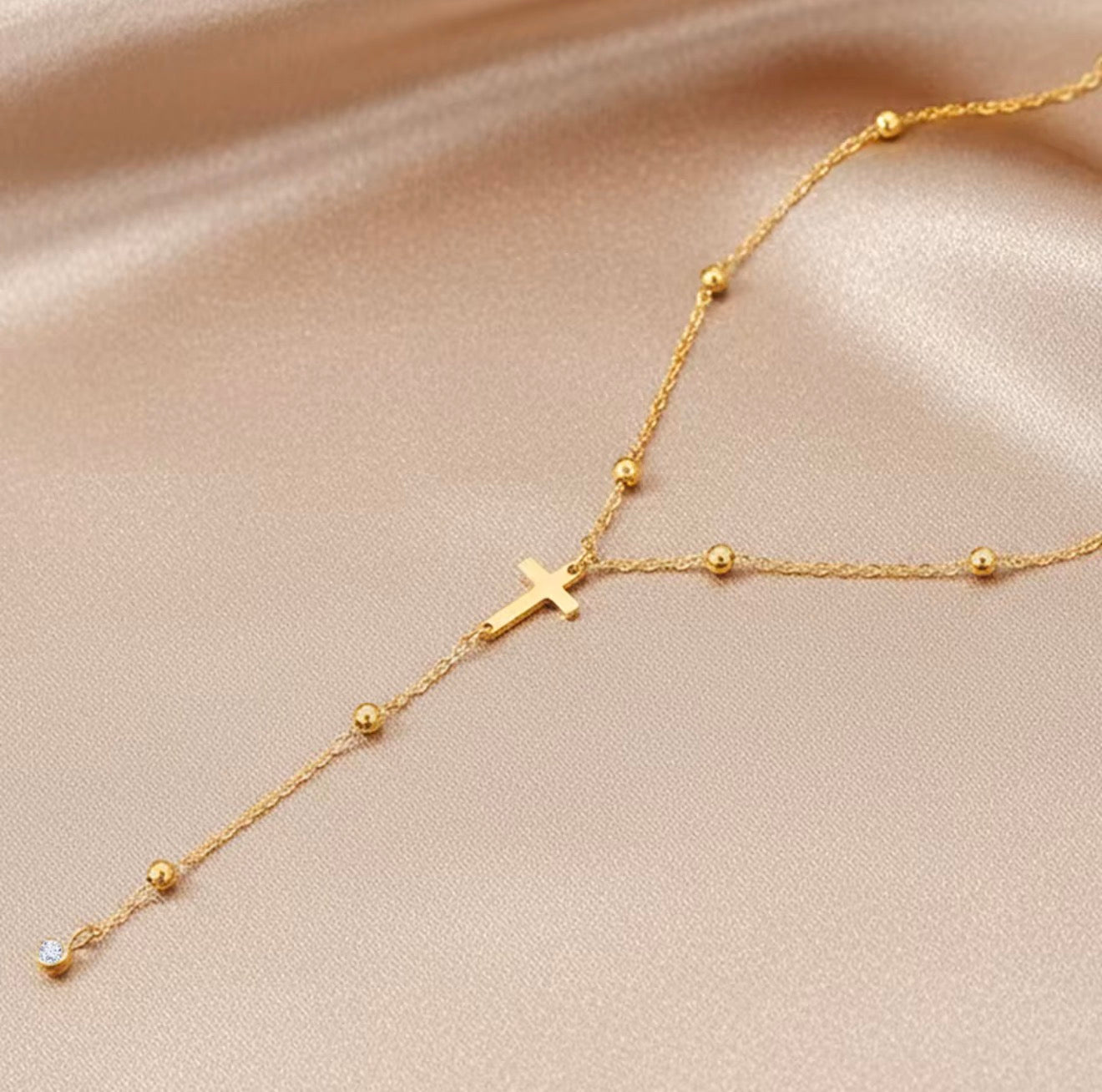 Dainty Rosary Necklace with Crystal Drop Stainless Steel: Gold, Silver