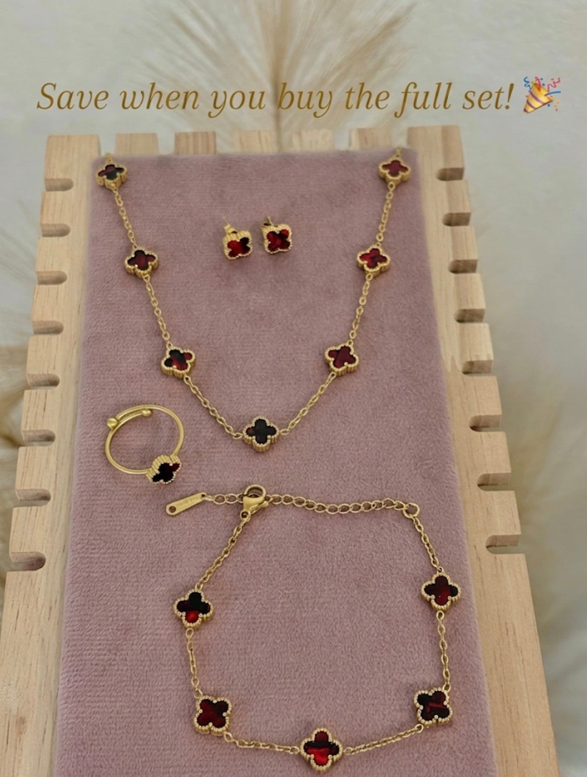 Red Baby Clover Stainless Steel Jewelry Set: Necklace, Earrings, Bracelet, Ring