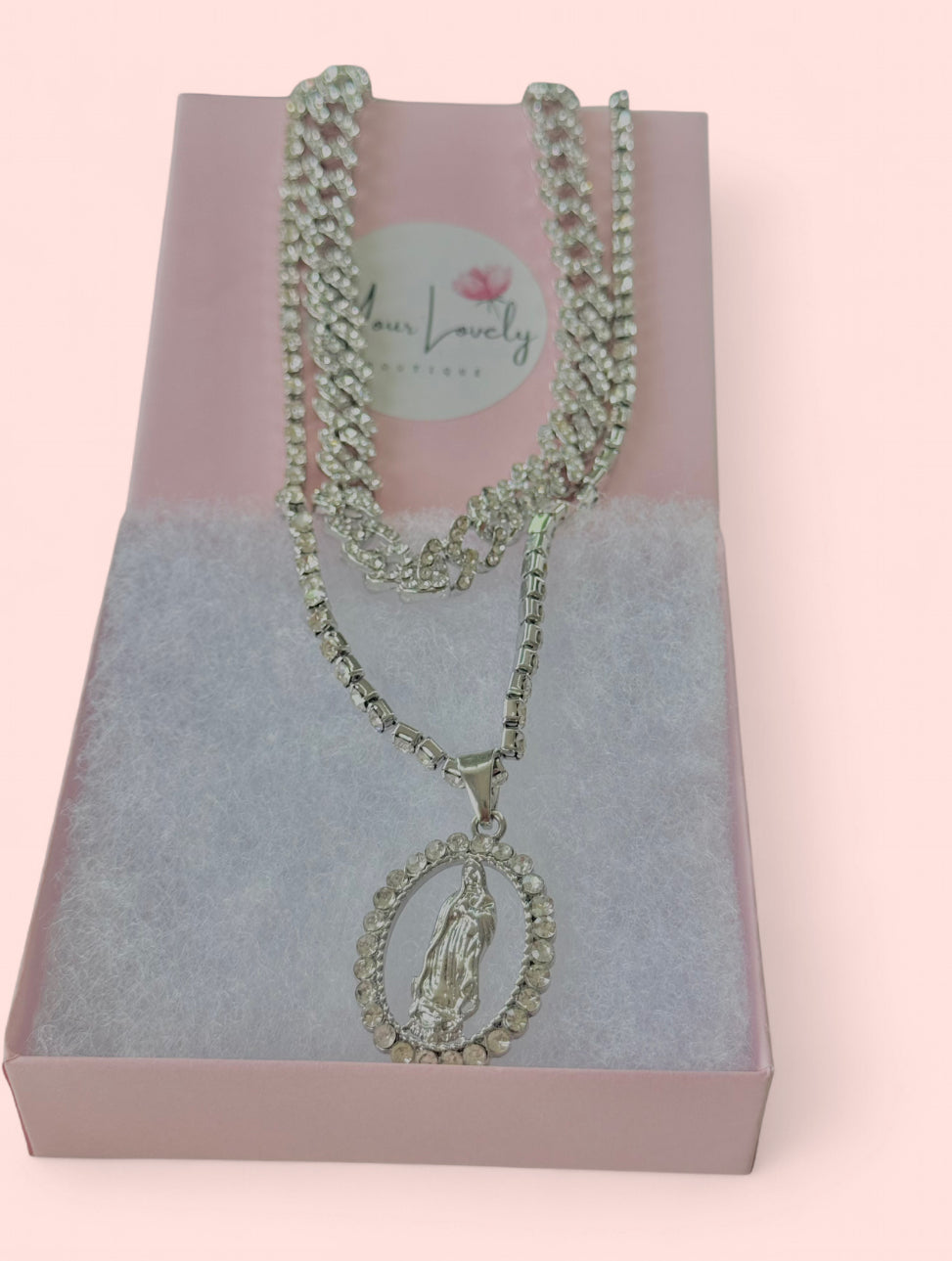 Silver Plated Virgin Mary Pendant Necklace Set with Rhinestone Choker Cuban Chain