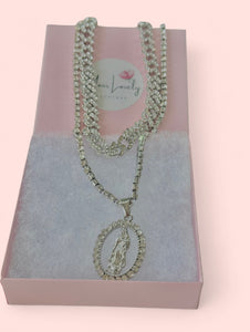 Silver Plated Virgin Mary Pendant Necklace Set with Rhinestone Choker Cuban Chain