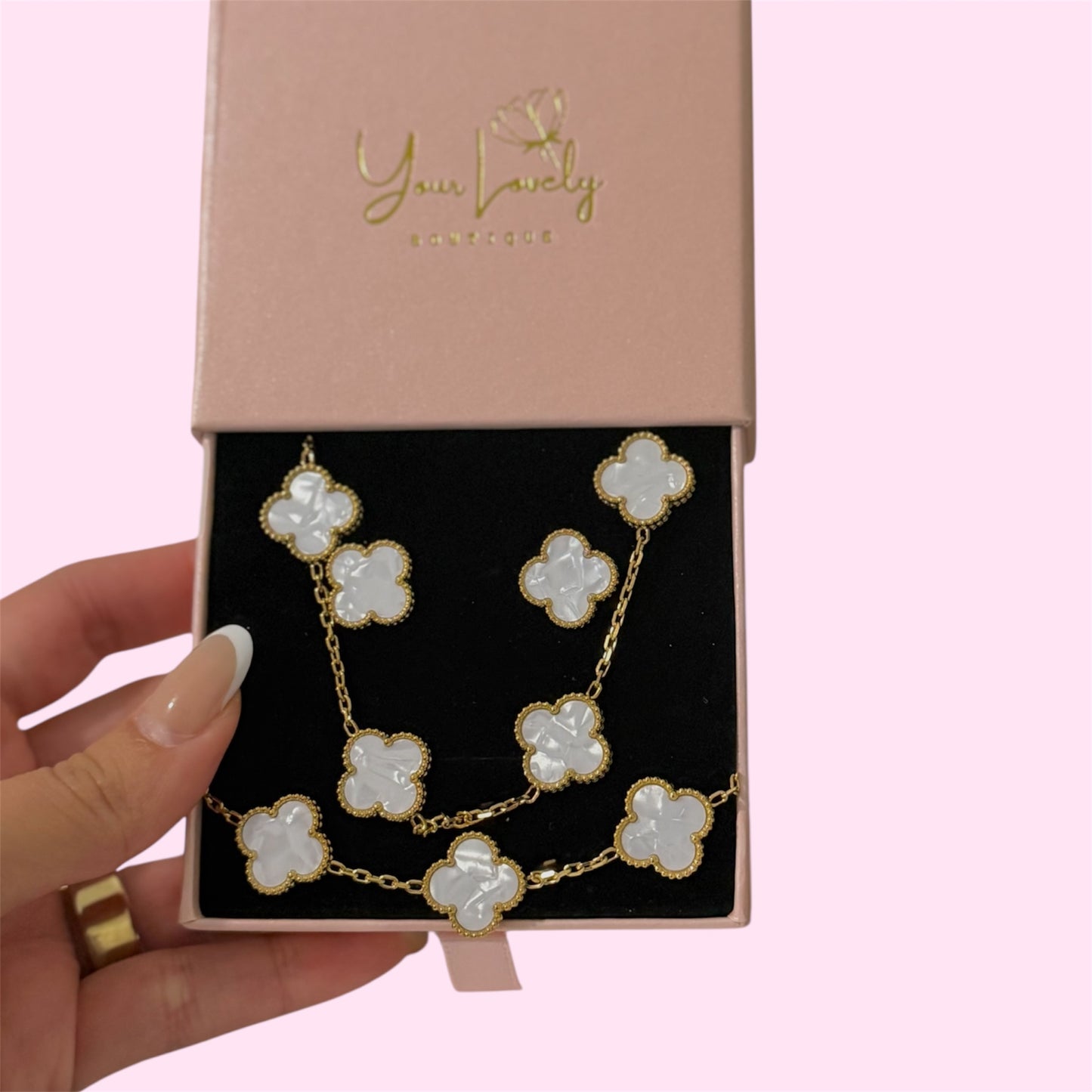 Mother Of Pearl White Clover Stainless Steel Jewelry Set: 10 Necklace, Earrings, Bracelet