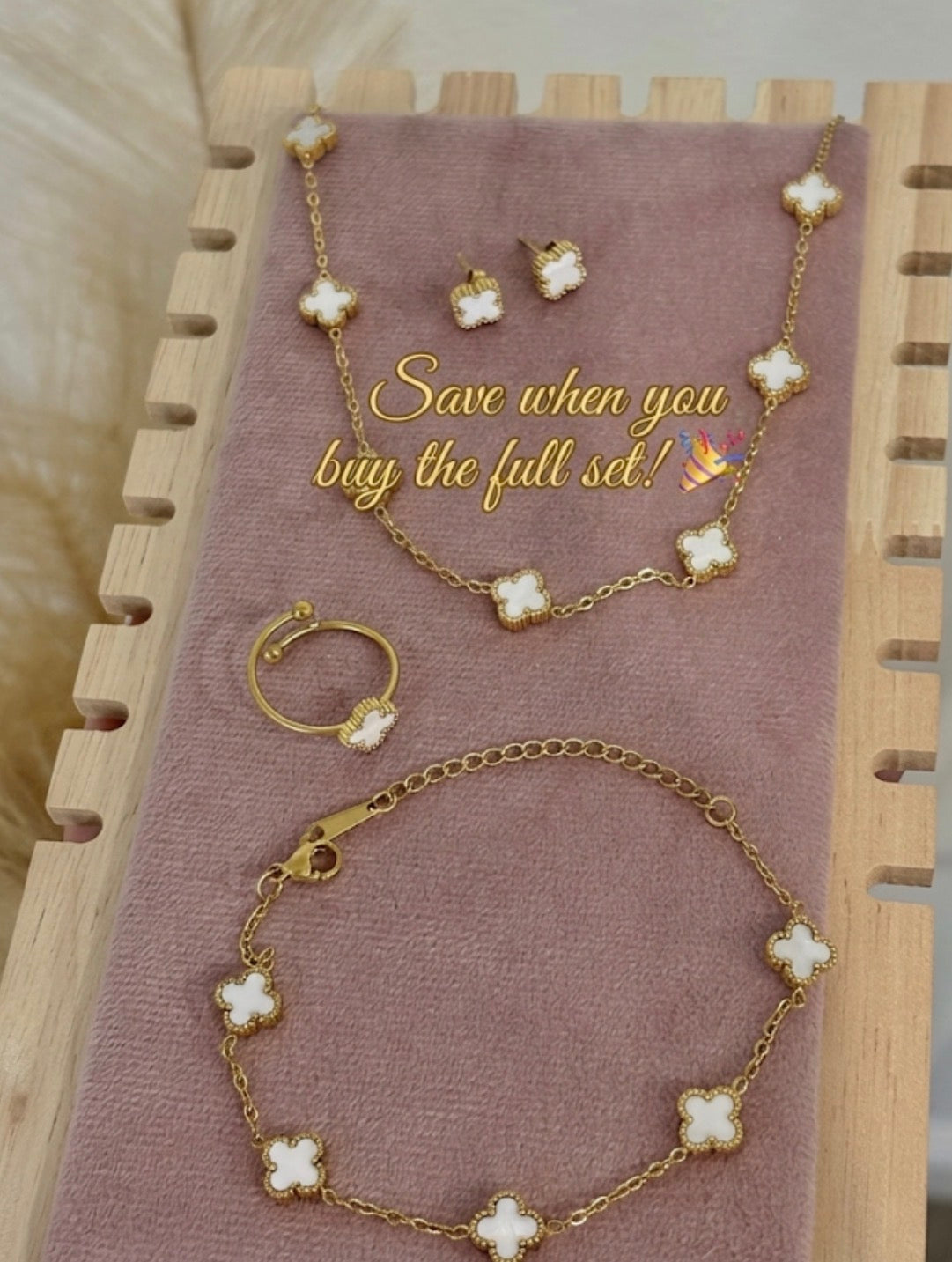 Mother Of Pearl White Baby Clover Stainless Steel Jewelry Set: Necklace, Earrings, Bracelet, Ring