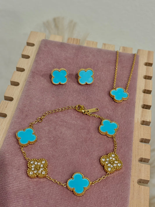 Baby Blue & Gold Clover Stainless Steel Jewelry Set: Necklace, Earrings, Bracelet