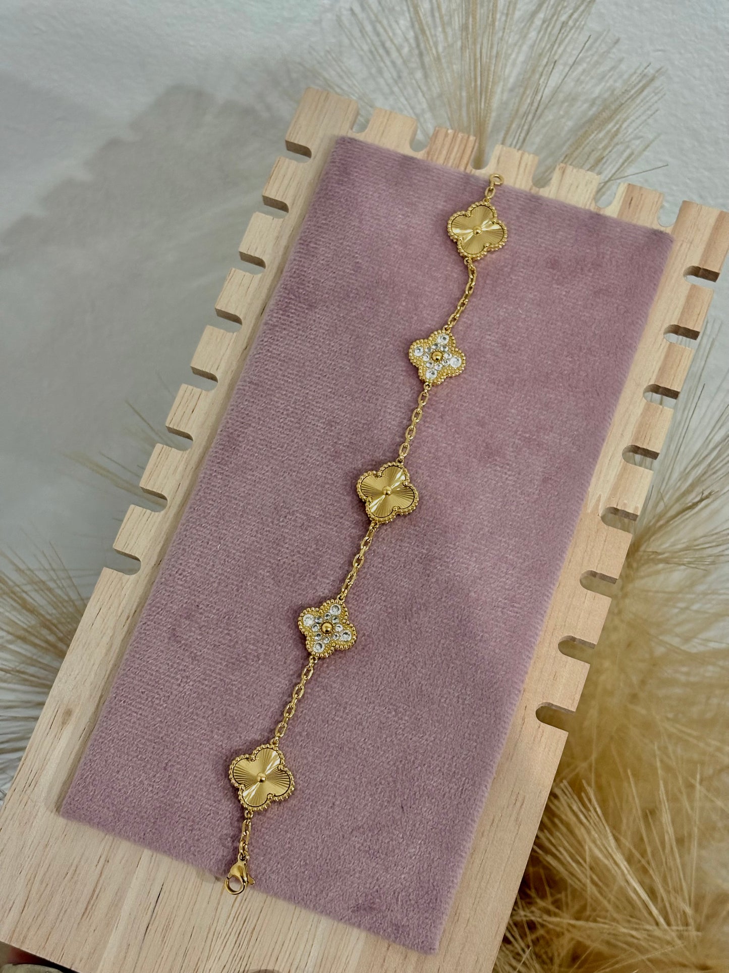 Gold and Zirconia Clover Stainless Steel Bracelet 7.5”