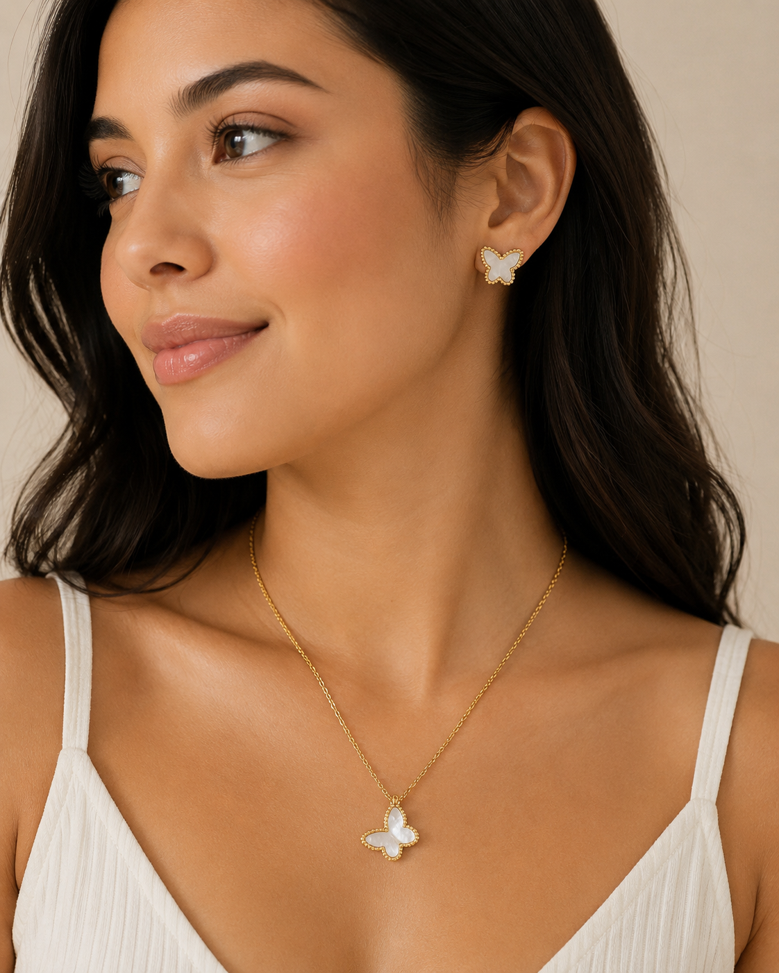Mother of Pearl Butterfly Set: Stainless Steel Necklace and Earrings