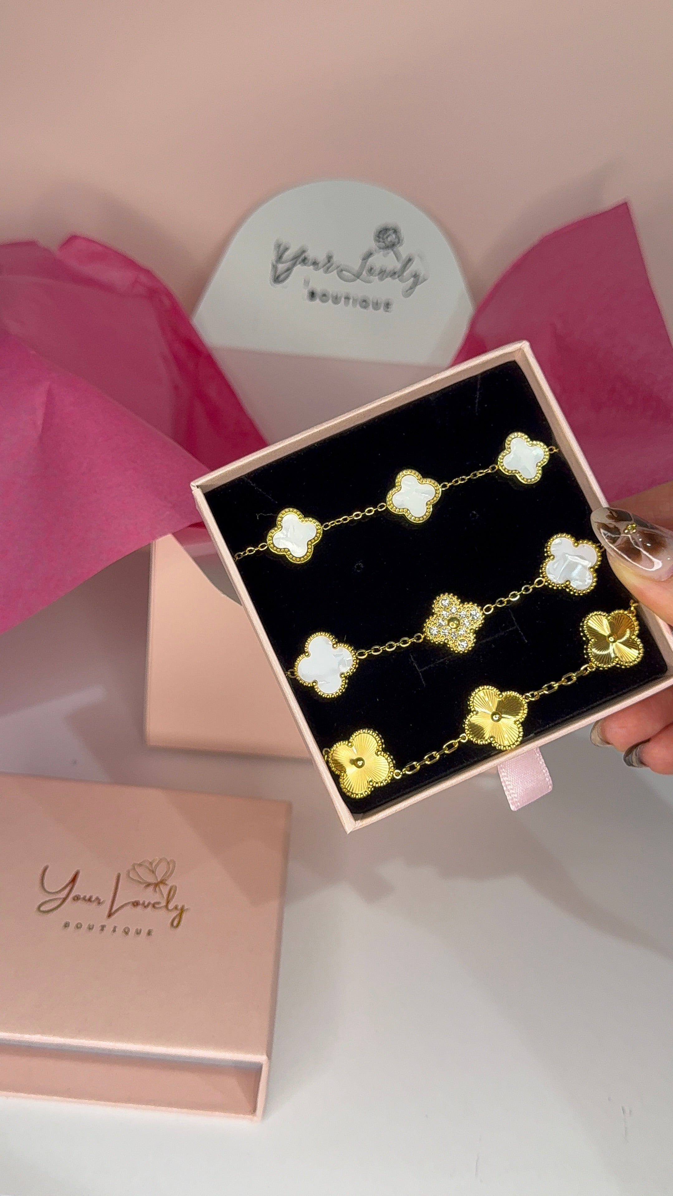 Gold Clover Stainless Steel Bracelets: Green, Red, White, and Black