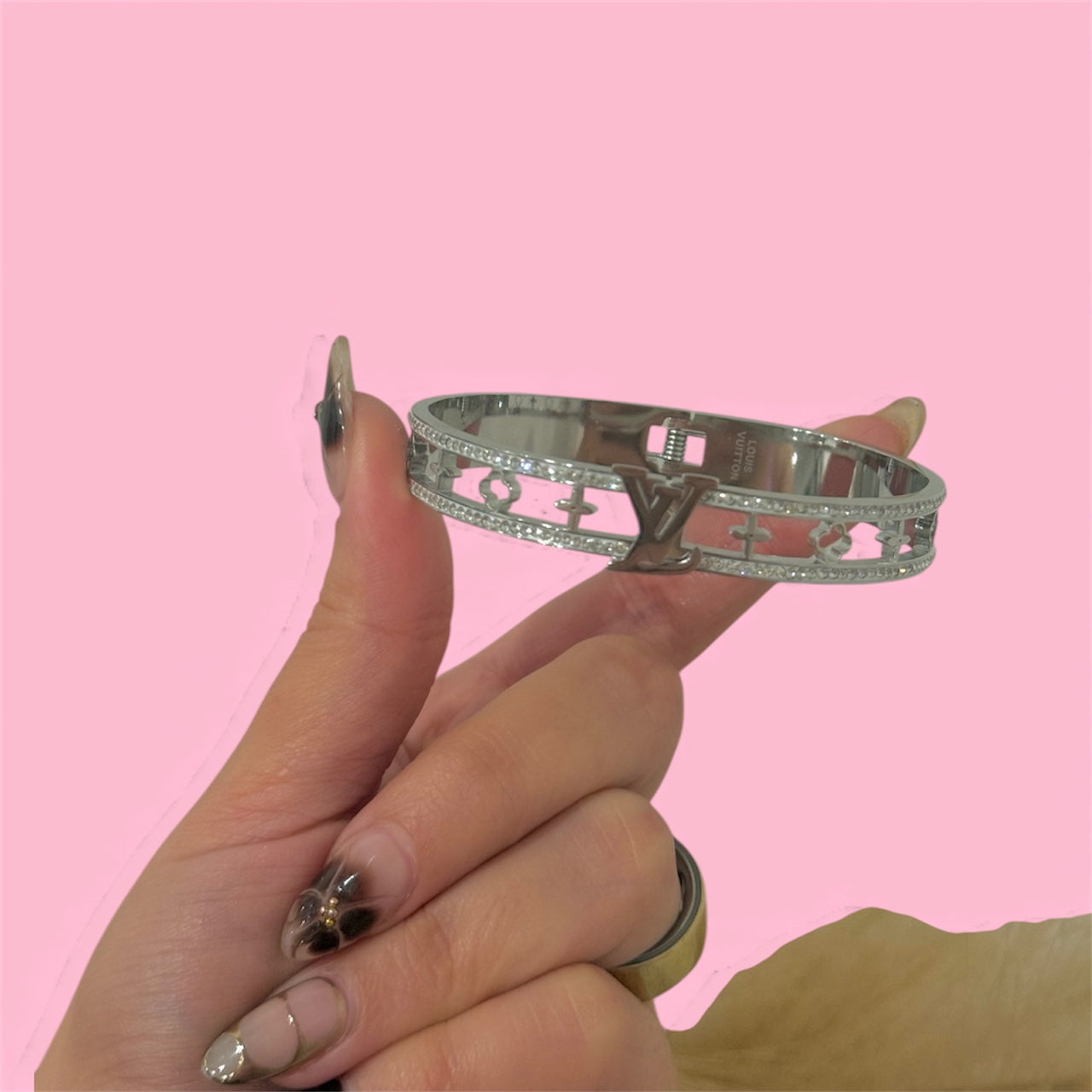 LV Zircon Clover Bangle Stainless Steel Bracelet: Silver & Gold