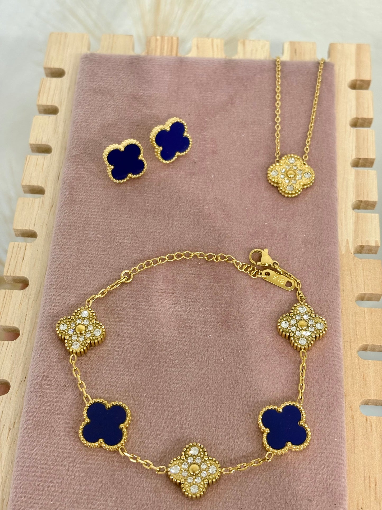 Navy Blue & Gold Rhinestone Clover Stainless Steel Jewelry Set: Necklace, Earrings, Bracelet