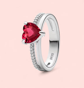 Double Band Red Heart Sparkling Sterling Silver 925 Ring