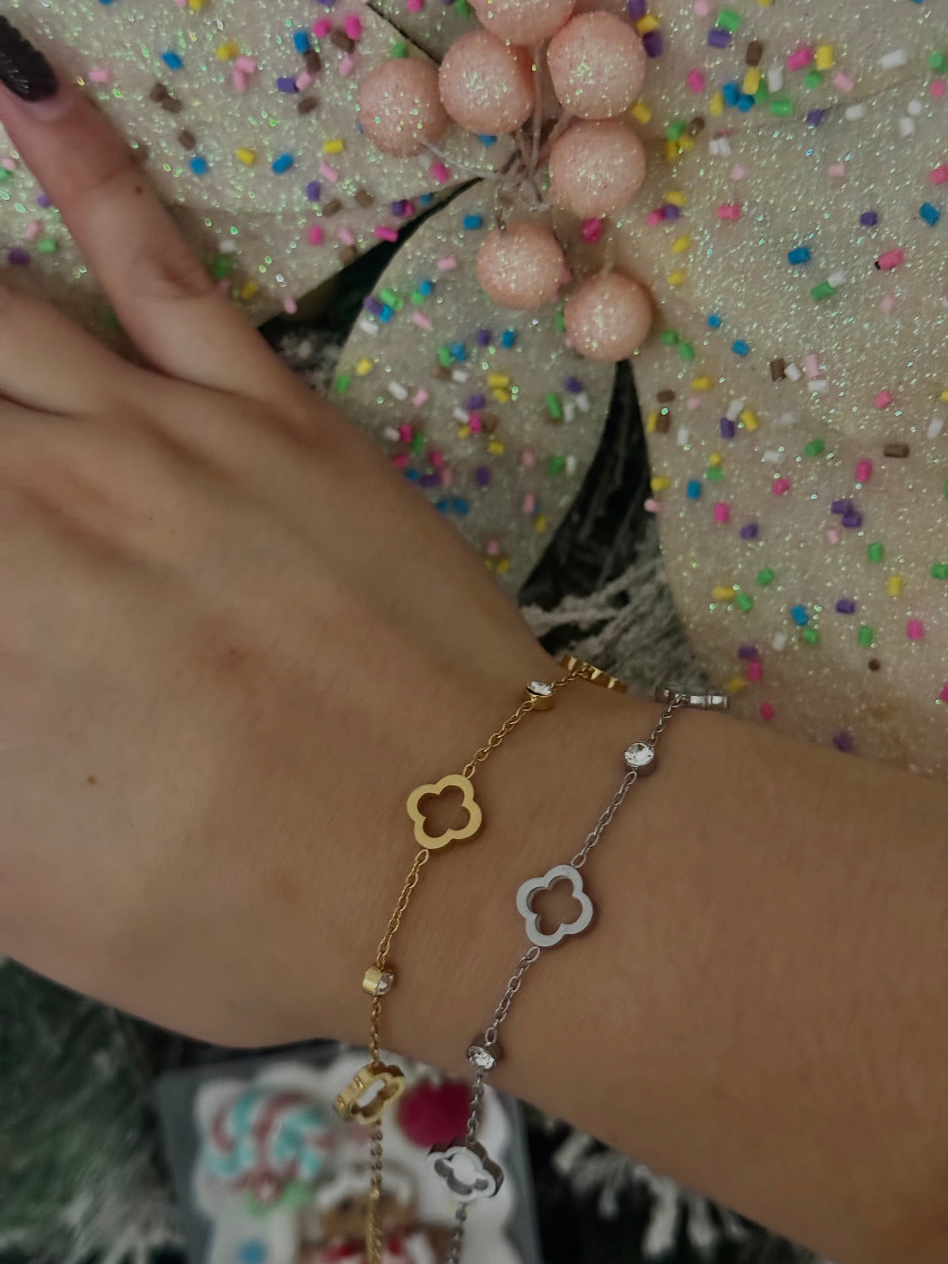 Luckiest Clover Rhinestone Bracelet & Necklace in Gold and Silver Stainless Steel