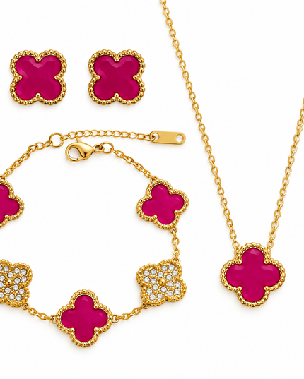 Magenta & Gold Clover Stainless Steel Jewelry Set: Necklace, Earrings, Bracelet