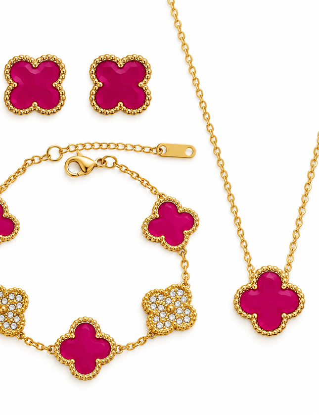 Magenta & Gold Clover Stainless Steel Jewelry Set: Necklace, Earrings, Bracelet
