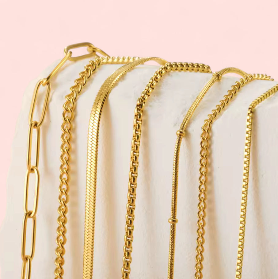 Gold Chain Stainless Steel Necklaces: Beaded, Snake, Cuban, Figaro, Twisted, Paperclip, Shinny