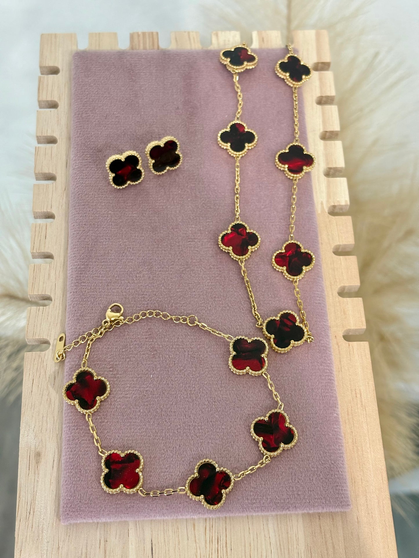 Deep Red Enamel 10 Clover Stainless Steel Jewelry Set: Necklace, Earrings, Bracelet