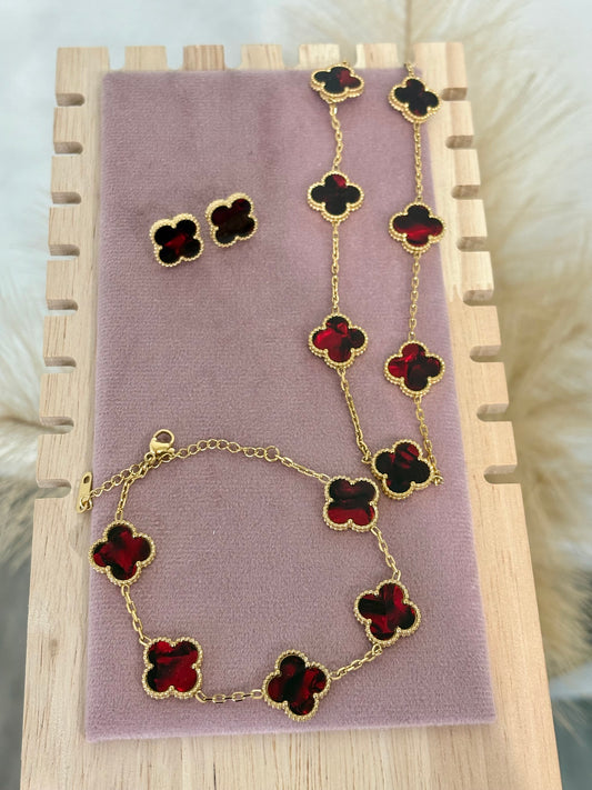 Deep Red Enamel 10 Clover Stainless Steel Jewelry Set: Necklace, Earrings, Bracelet
