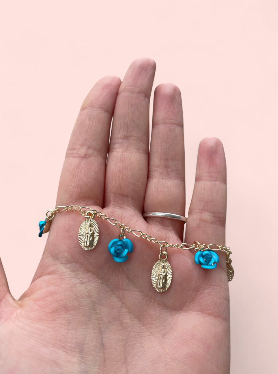 Virgencita Ocean Blue Roses Gold Plated Bracelet