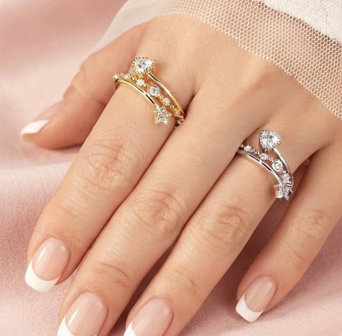 Dazzling Star & Heart Moissanite Adjustable Ring – Gold Filled & White Gold Filled Open-Band Celestial Ring