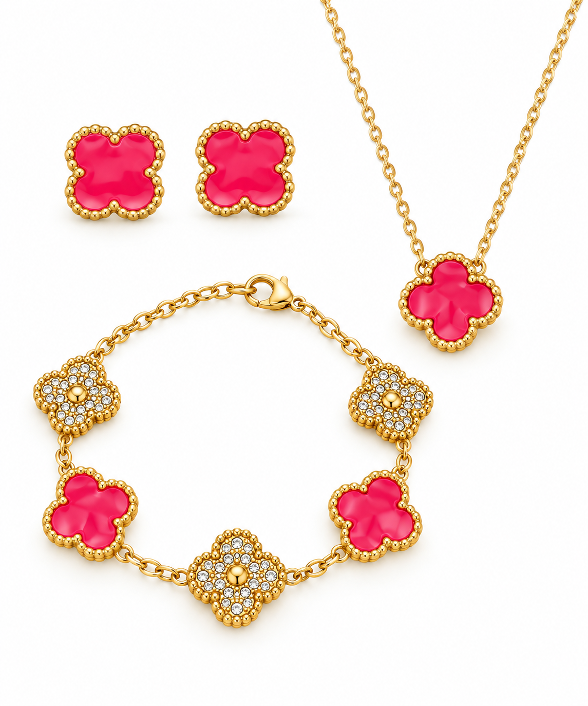 Bright Pink & Gold Clover Jewelry Set