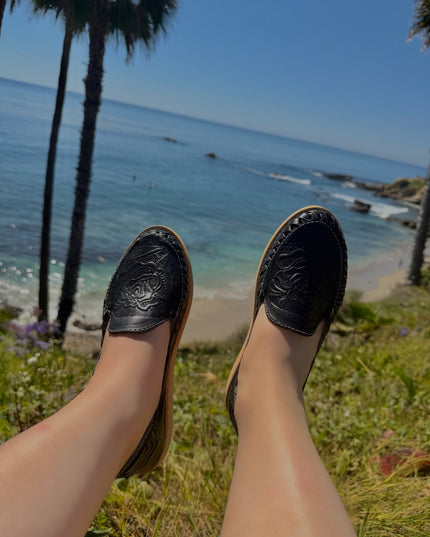 Patria Black Leather Huarache Flats