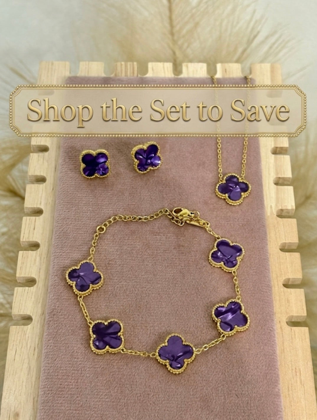 Purple Enamel Clover Stainless Steel Jewelry Set: Necklace, Earrings, Bracelet