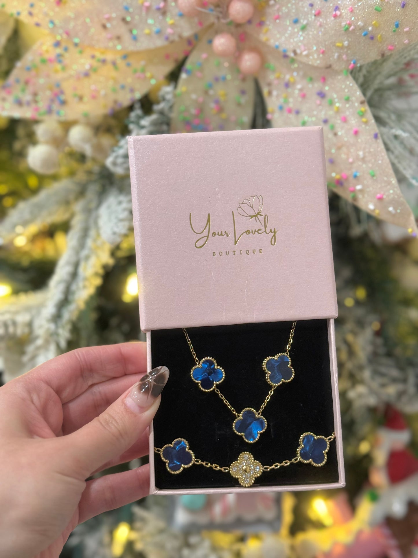 Blue & Gold Clover Stainless Steel Jewelry Set: Necklace, Earrings, Bracelet