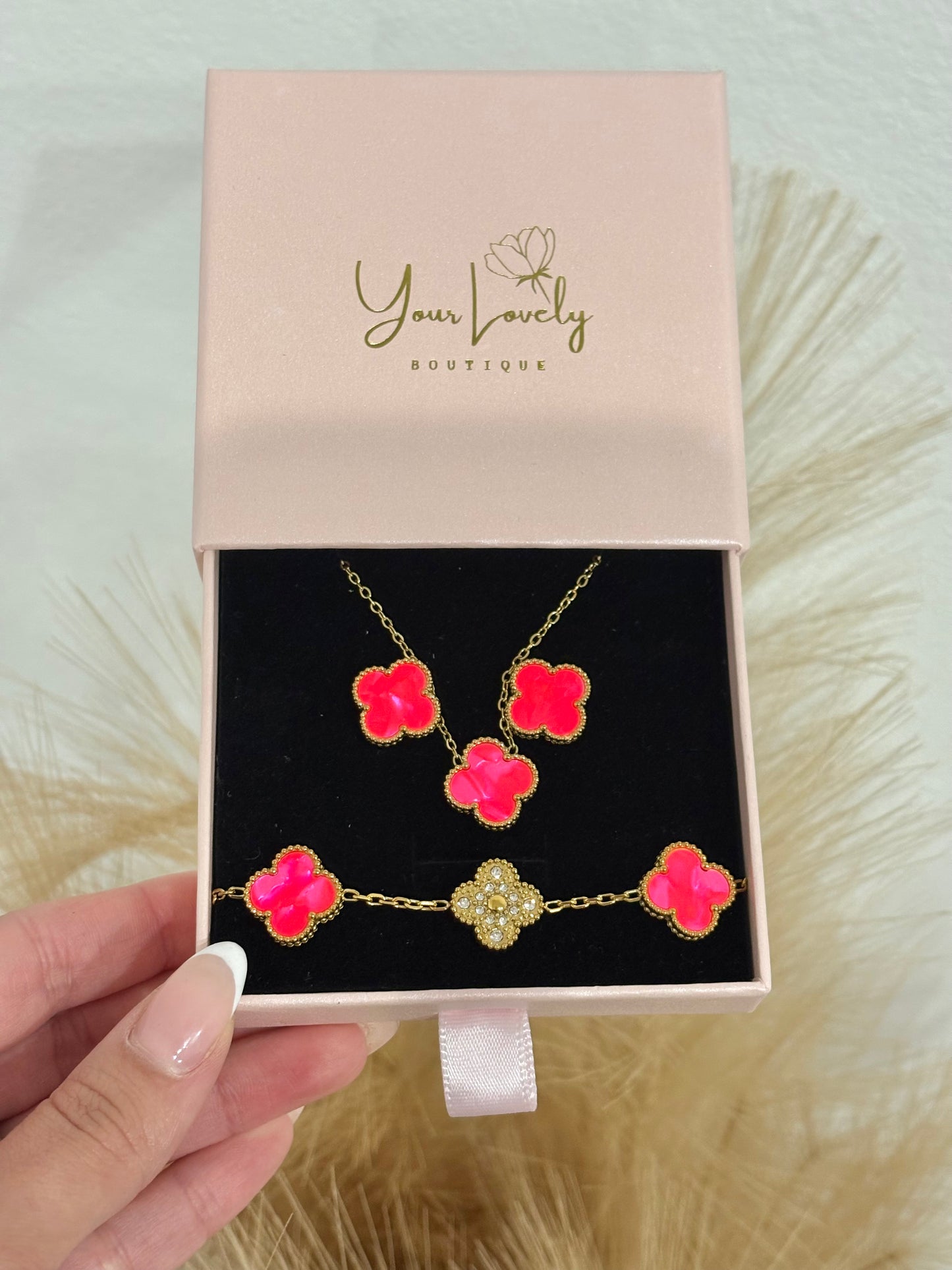 Bright Pink & Gold Clover Stainless Steel Jewelry Set: Necklace, Earrings, Bracelet