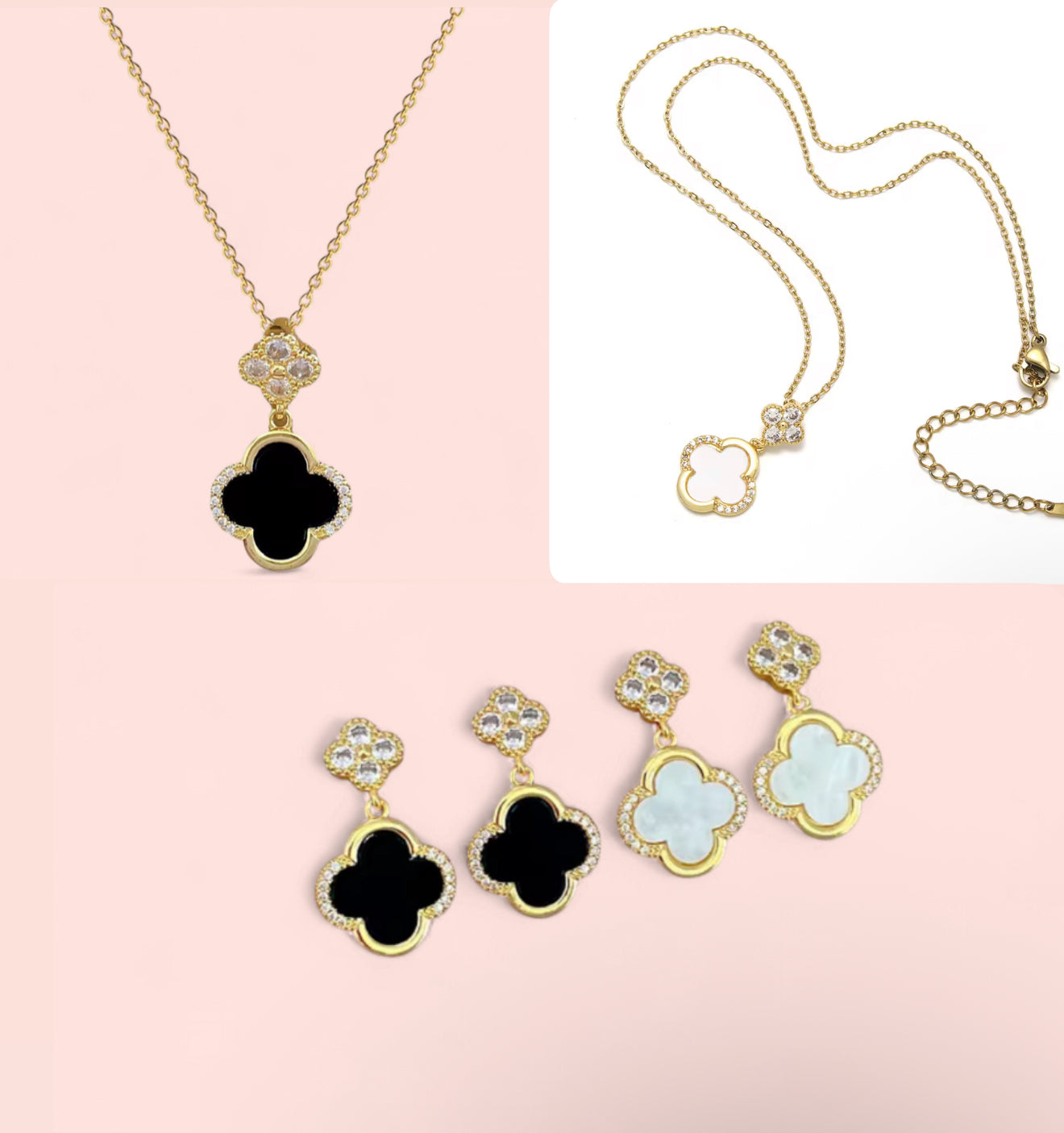 Luxe Clover Zicron Stainless Steel Necklace and Earrings Set: Black and White