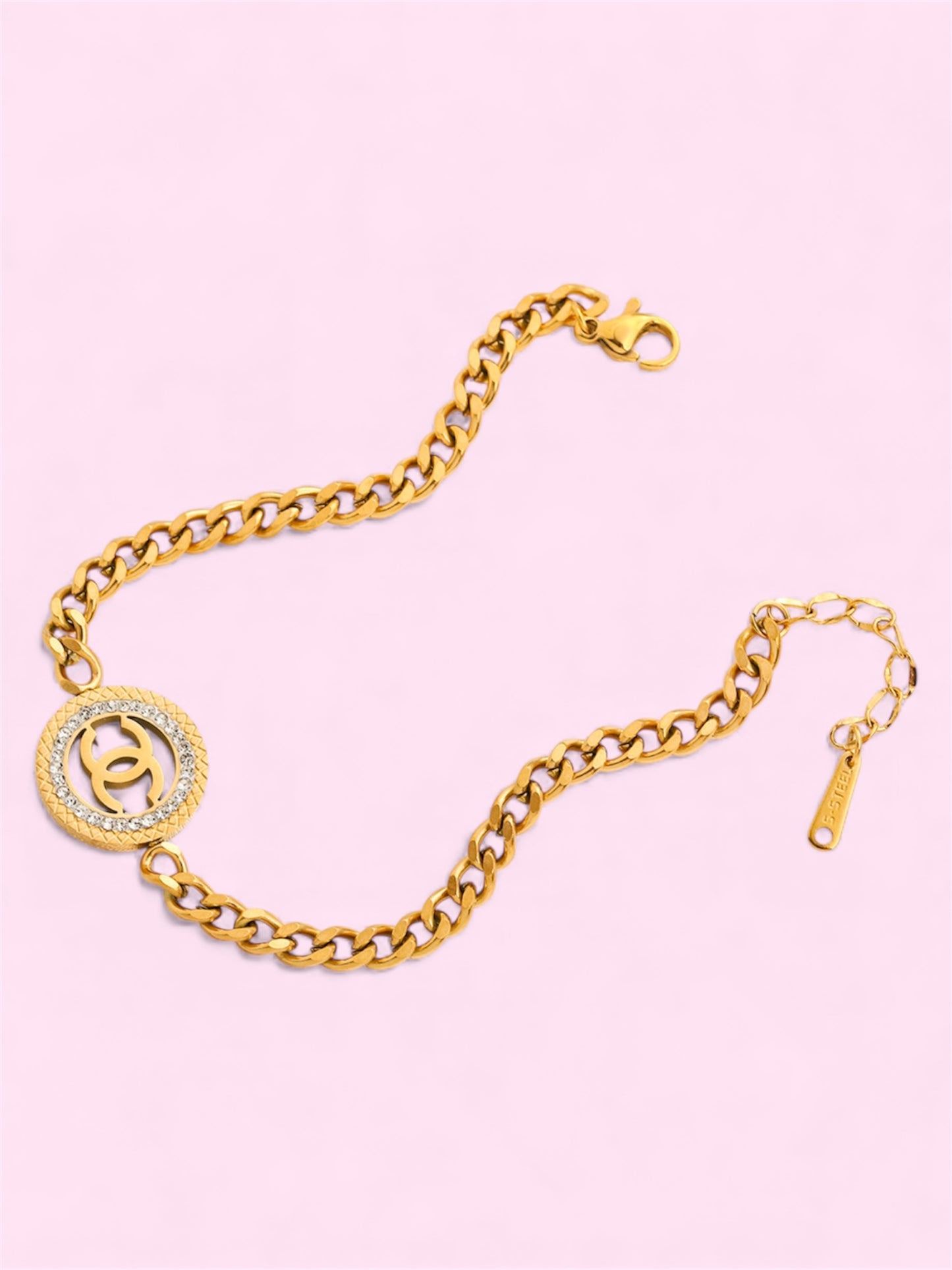CC Rhinestone Cuban Chain Stainless Steel Bracelet