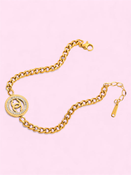 CC Rhinestone Cuban Chain Stainless Steel Bracelet